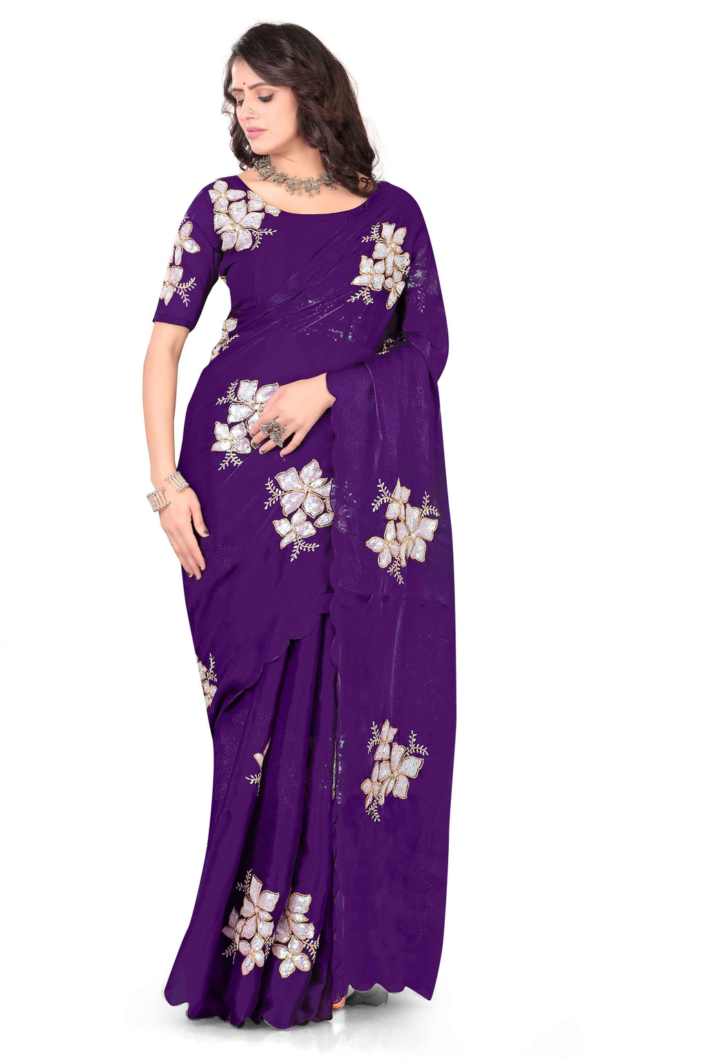 Georgette Saree with Floral Embroidery and Scalloped Border - Purple