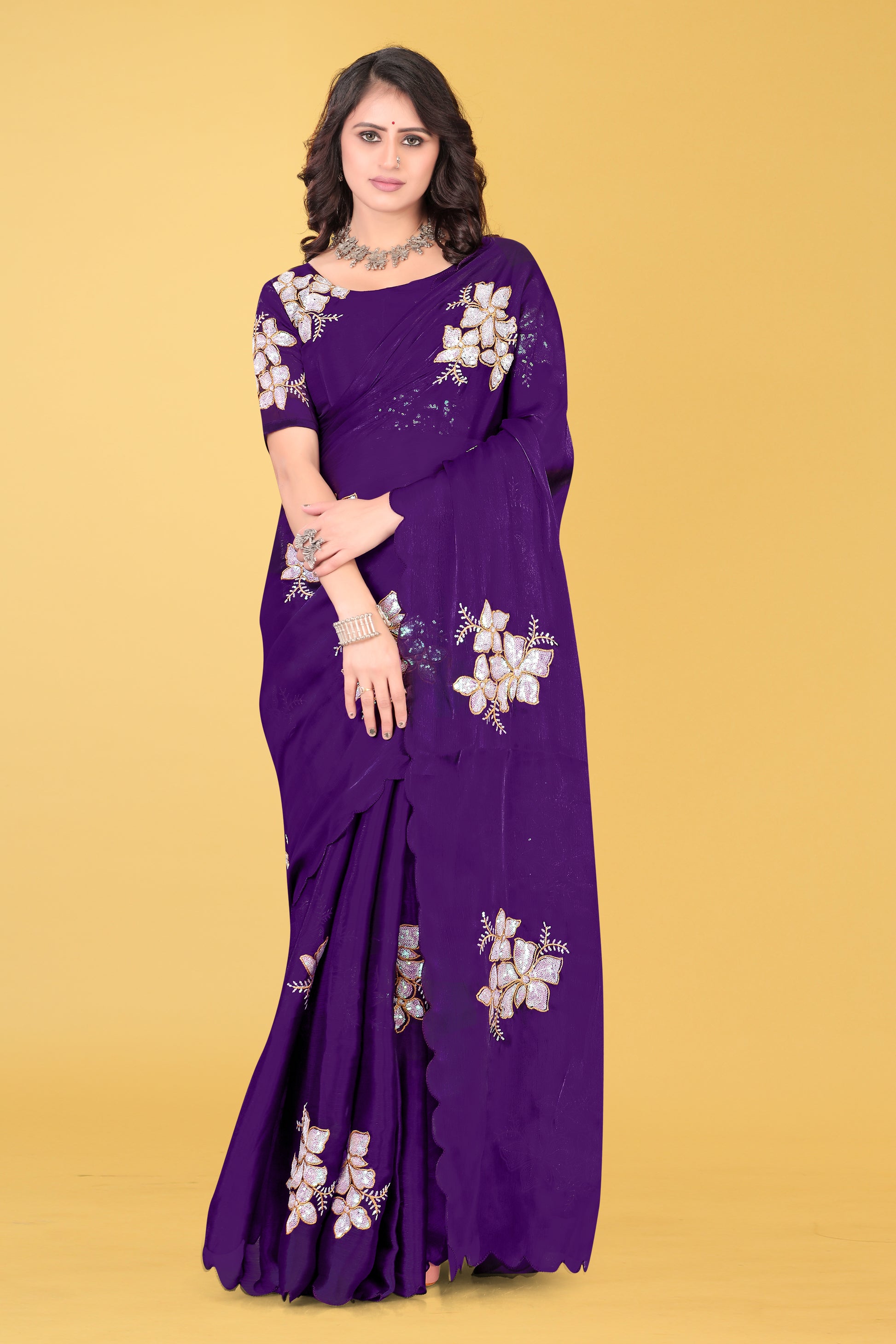 Elegant Flower Embroidered Saree with Unstitched Blouse – Avirat Designer Studio