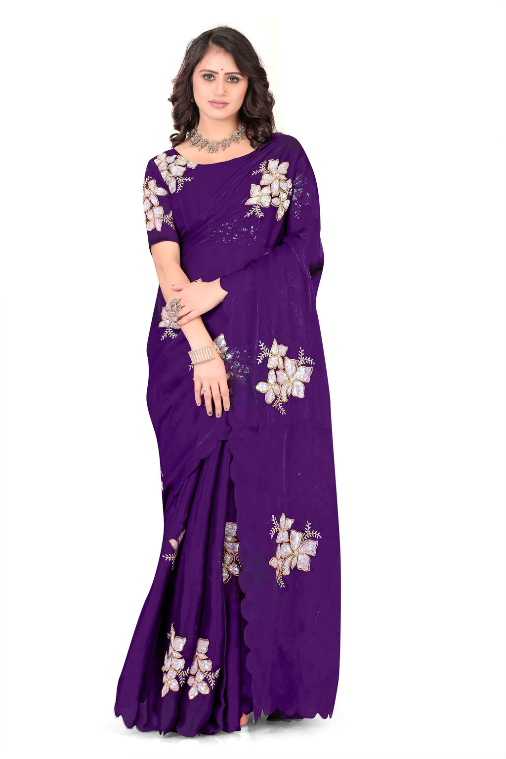 Georgette Saree with Floral Embroidery and Scalloped Border - Purple