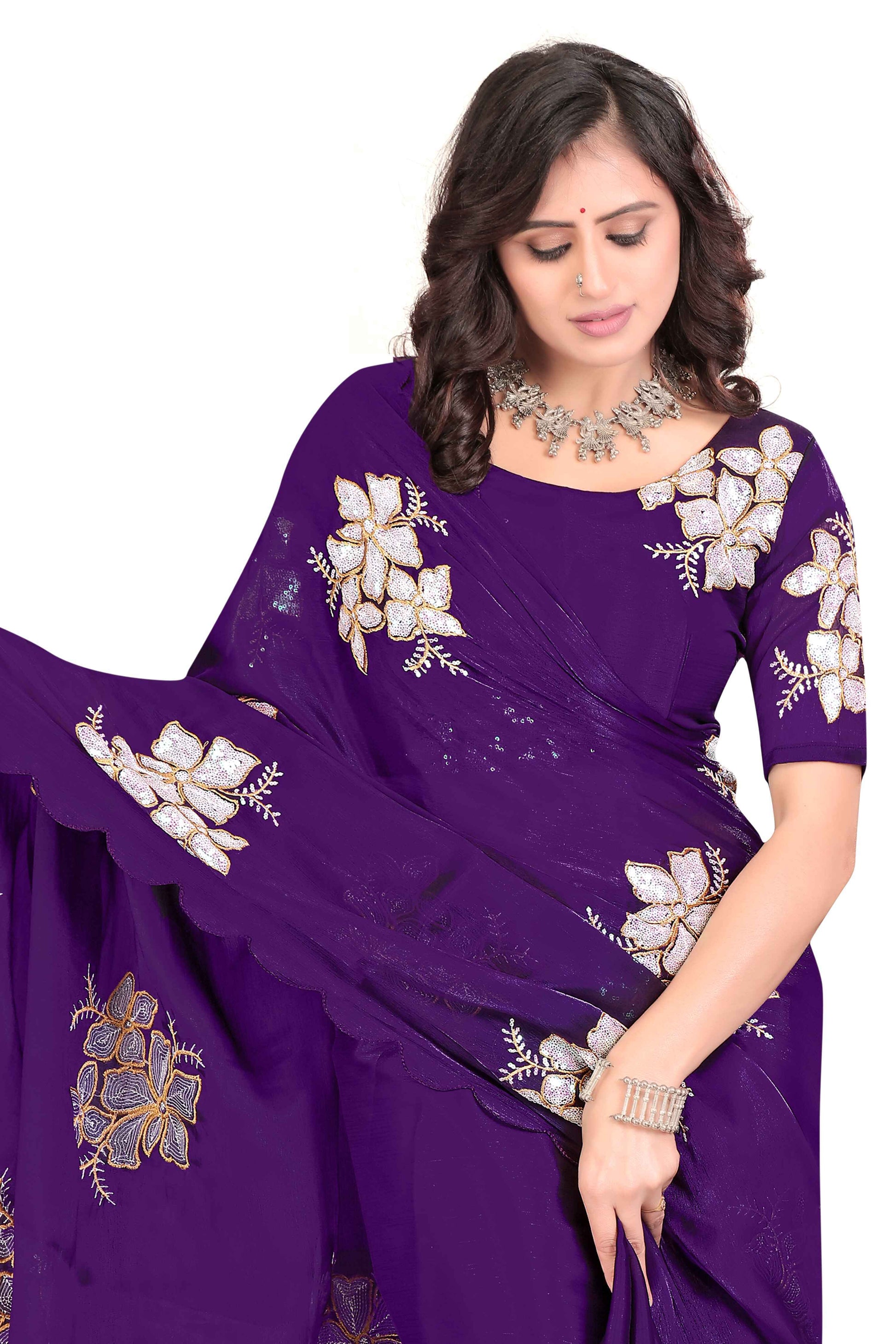 Georgette Saree with Floral Embroidery and Scalloped Border - Purple