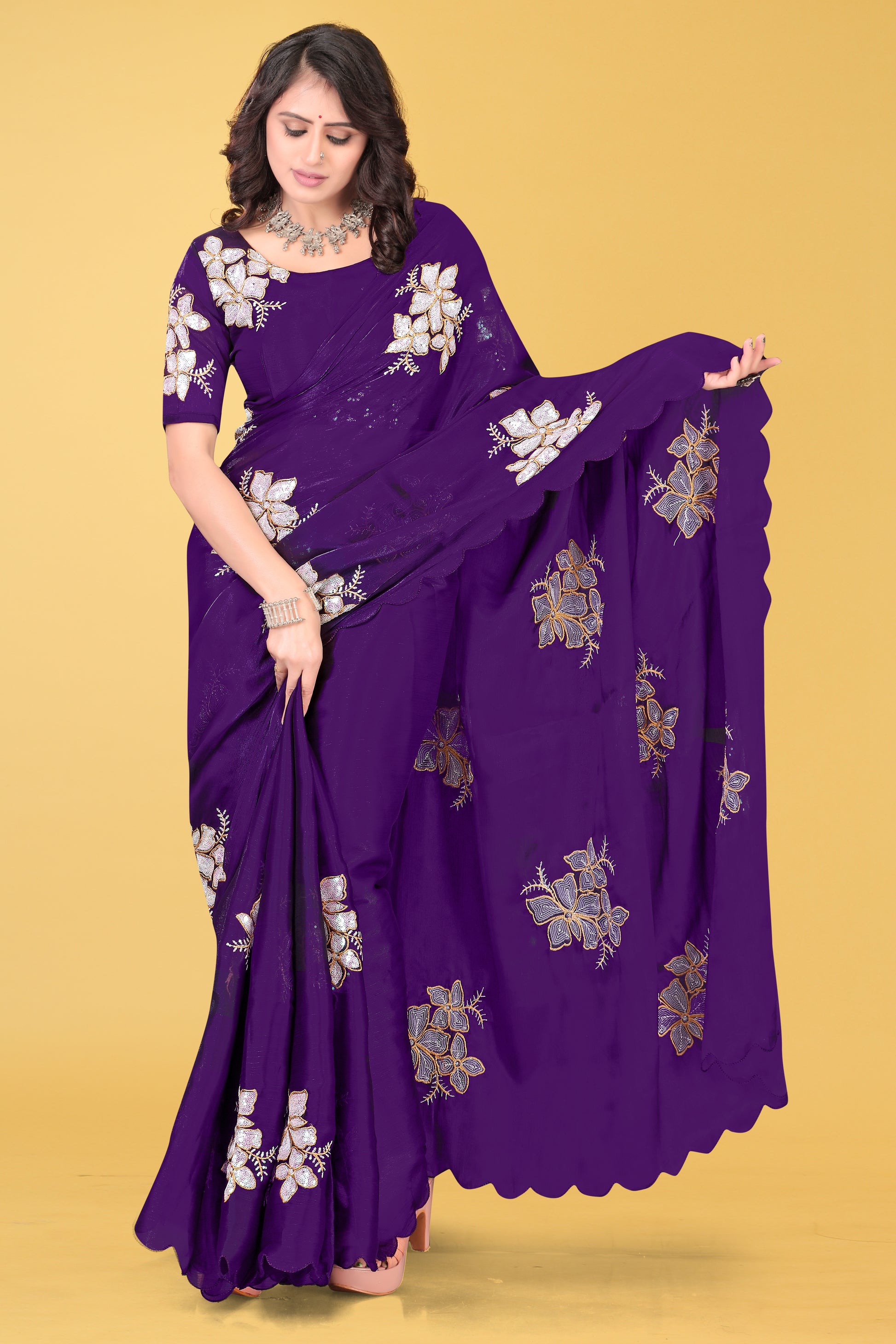 Elegant Flower Embroidered Saree with Unstitched Blouse – Avirat Designer Studio