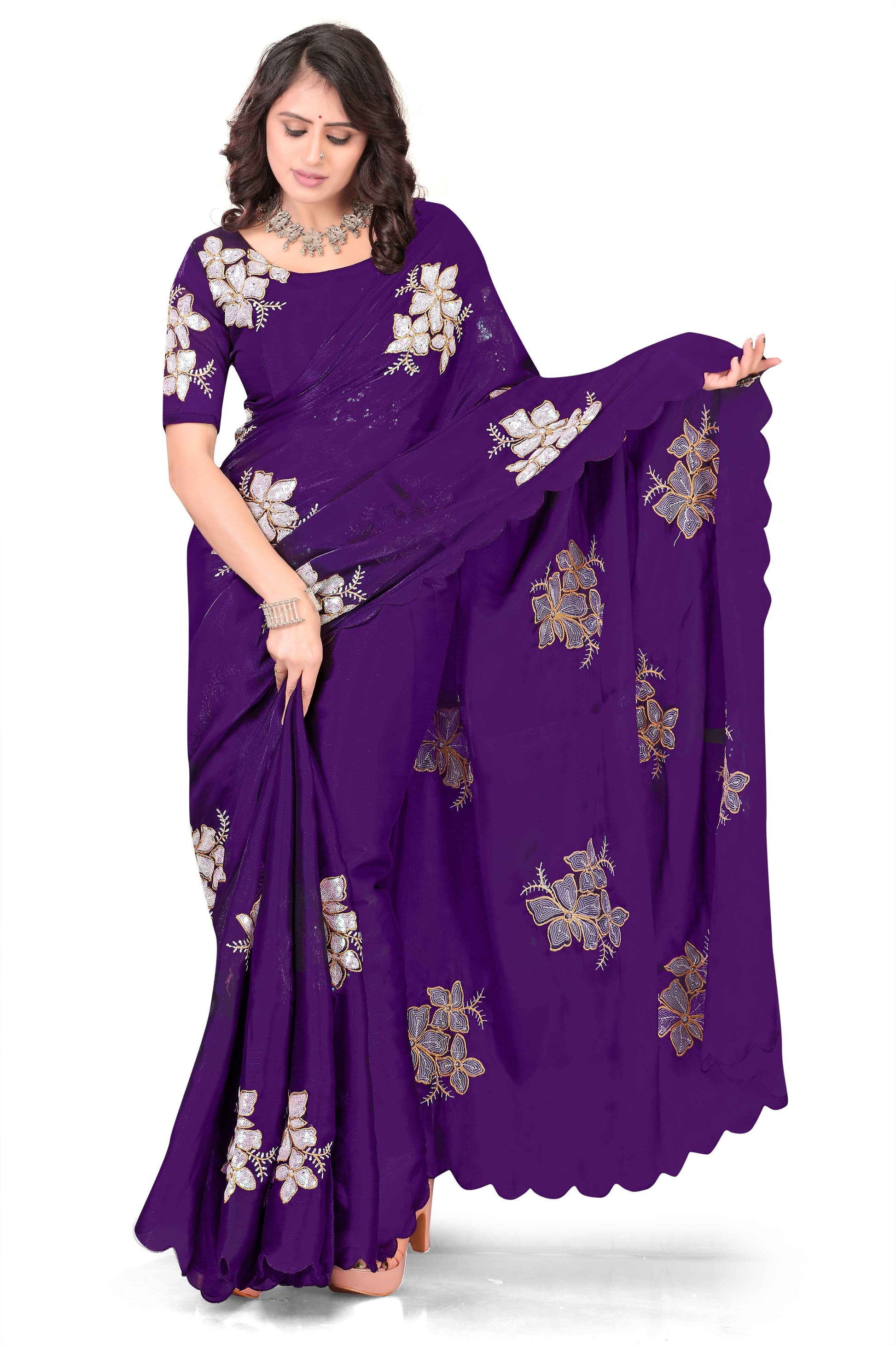 Georgette Saree with Floral Embroidery and Scalloped Border - Purple