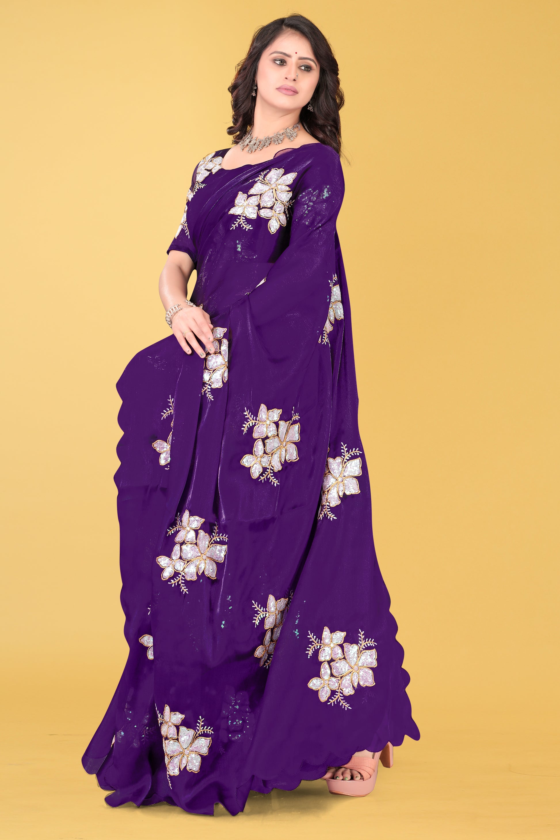 Elegant Flower Embroidered Saree with Unstitched Blouse – Avirat Designer Studio