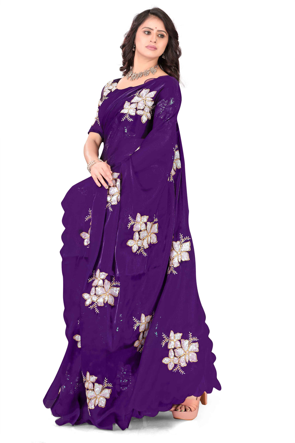 Georgette Saree with Floral Embroidery and Scalloped Border - Purple