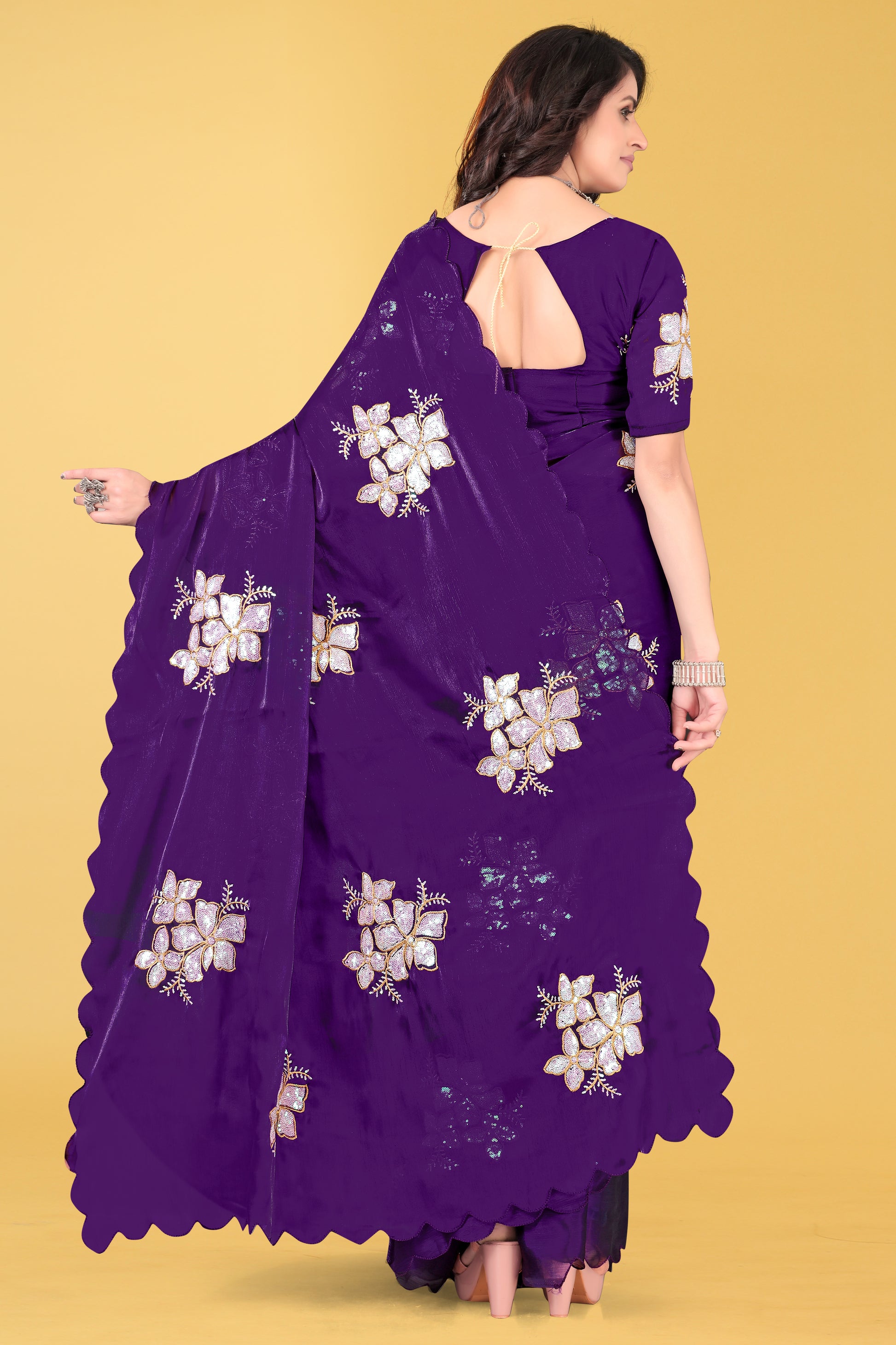 Elegant Flower Embroidered Saree with Unstitched Blouse – Avirat Designer Studio