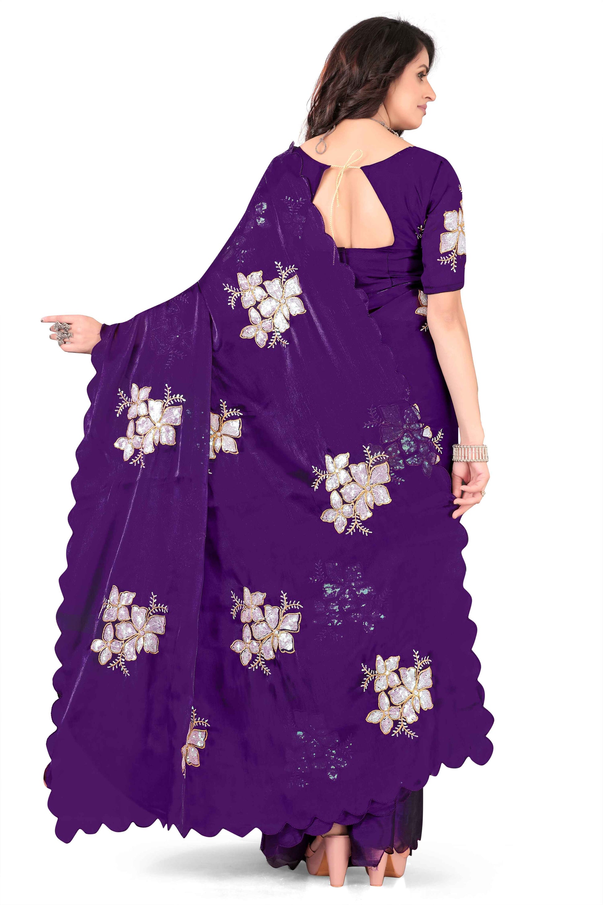 Georgette Saree with Floral Embroidery and Scalloped Border - Purple