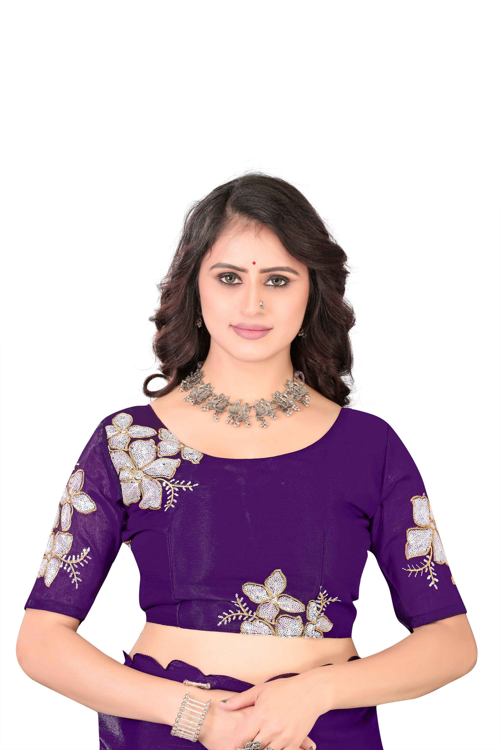 Georgette Saree with Floral Embroidery and Scalloped Border - Purple