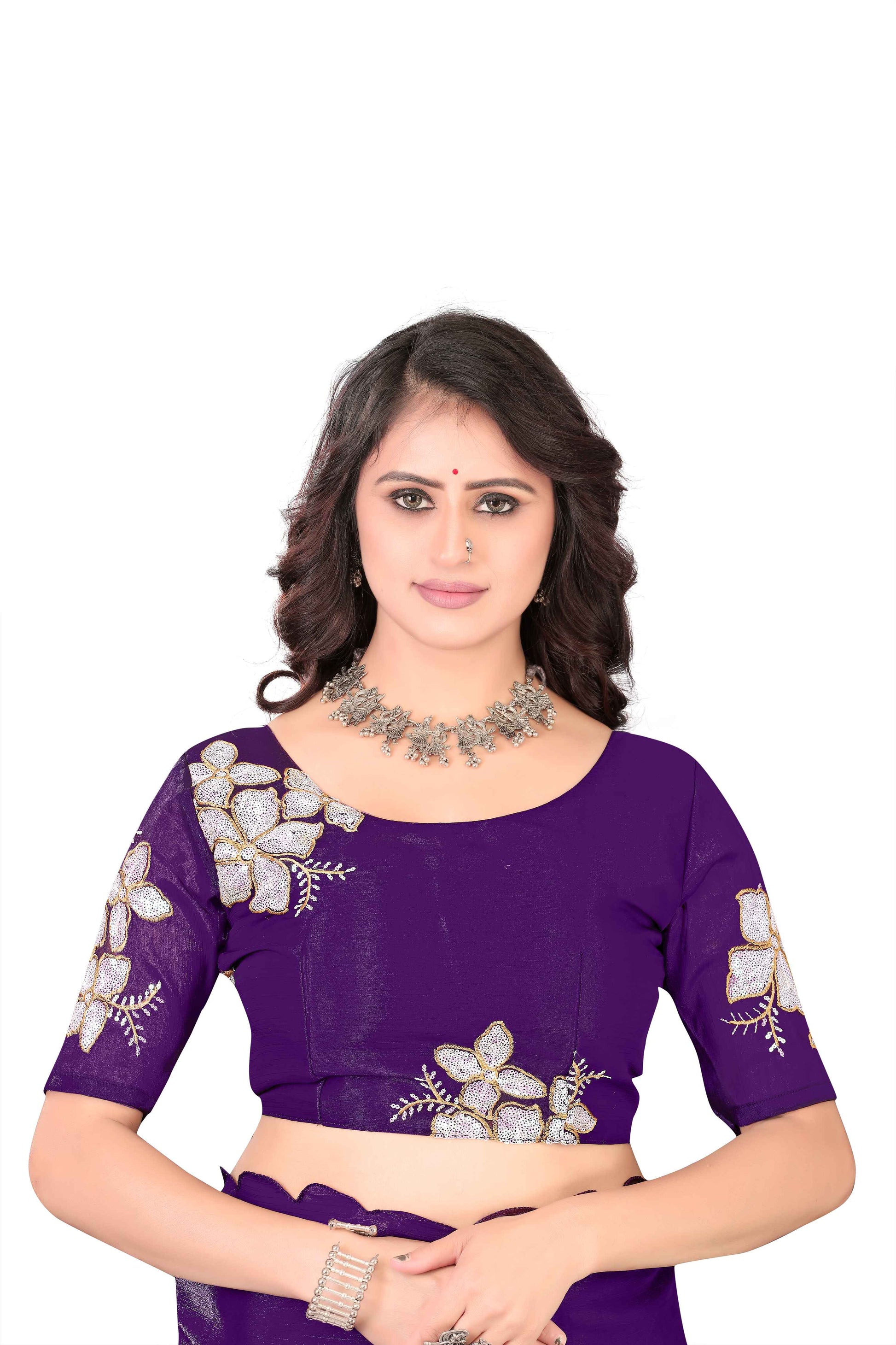 Georgette Saree with Floral Embroidery and Scalloped Border - Purple