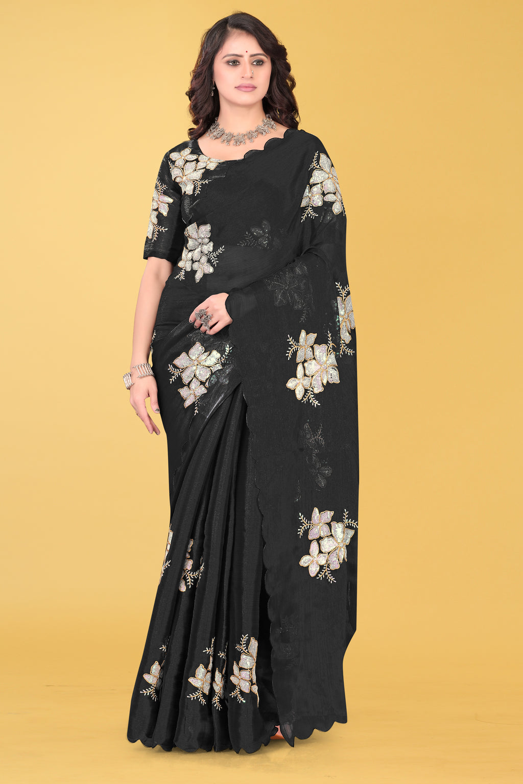 Elegant Flower Embroidered Saree with Unstitched Blouse – Avirat Designer Studio