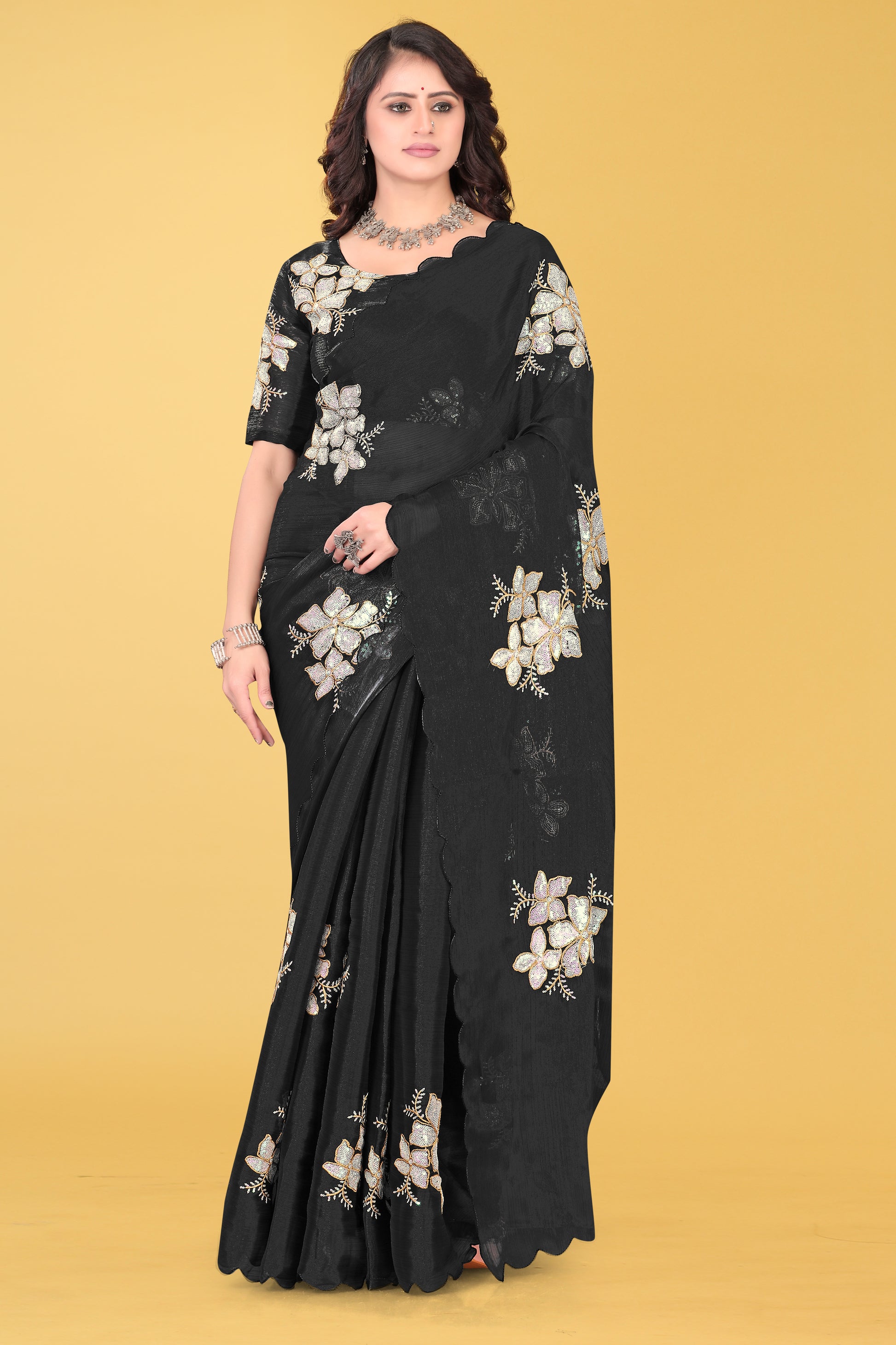 Elegant Flower Embroidered Saree with Unstitched Blouse – Avirat Designer Studio