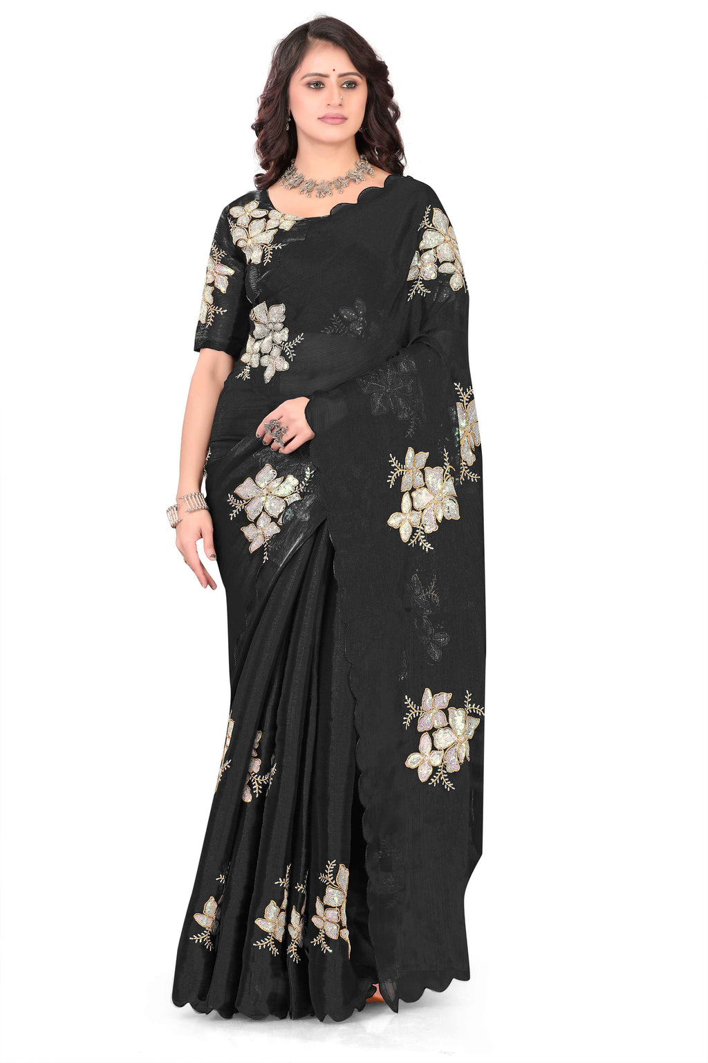 Georgette Saree with Floral Embroidery and Scalloped Border -  Balck