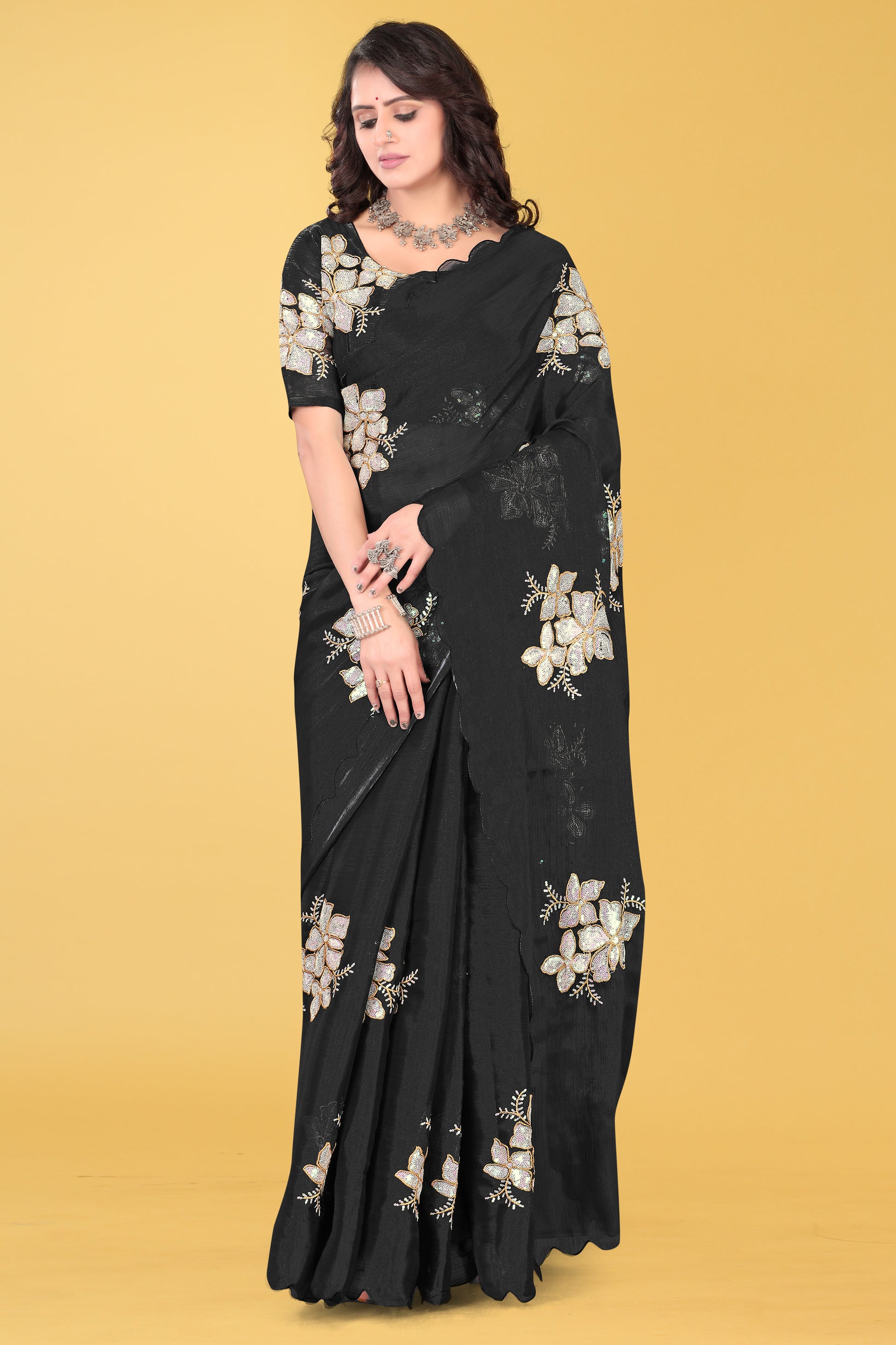 Elegant Flower Embroidered Saree with Unstitched Blouse – Avirat Designer Studio