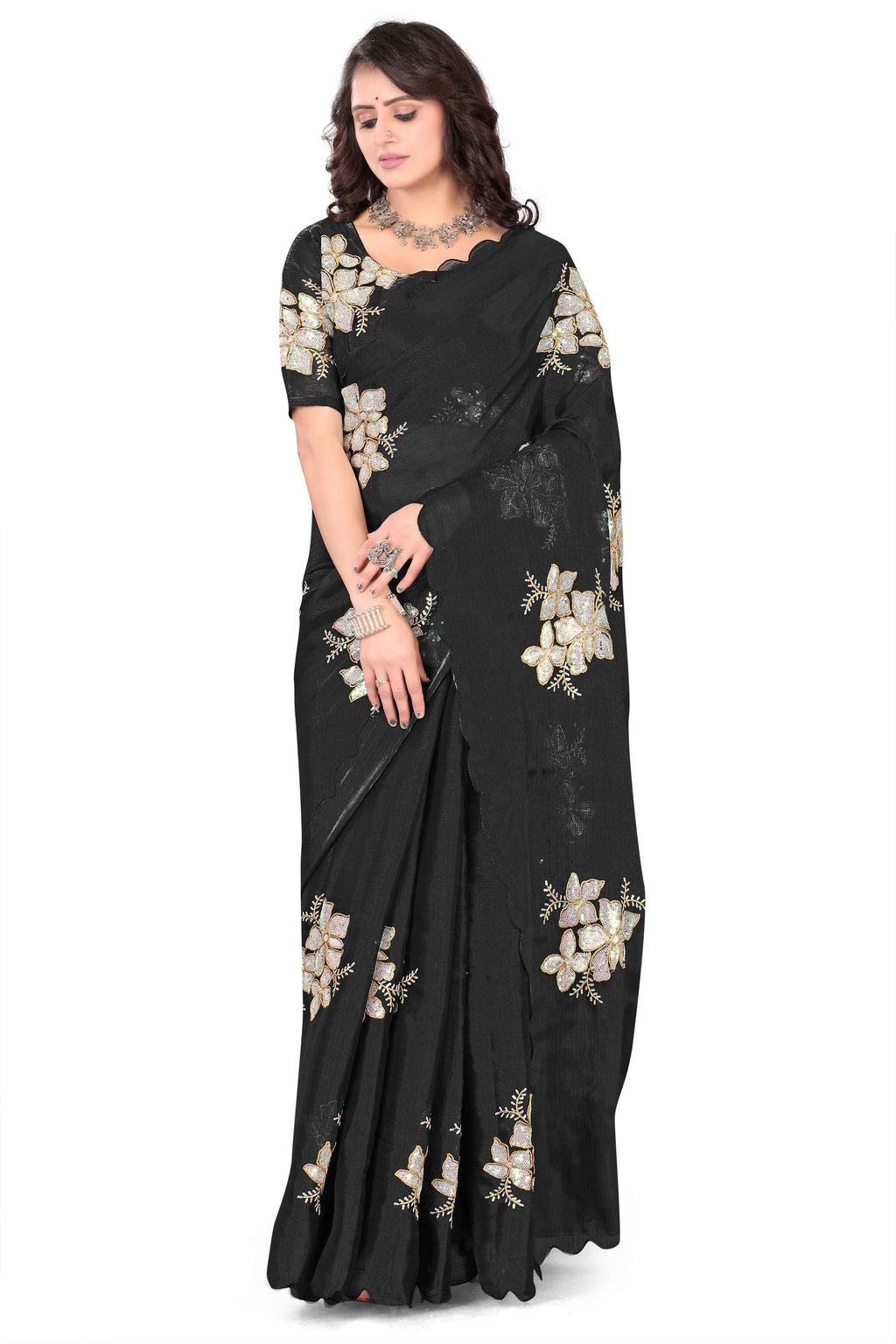 Georgette Saree with Floral Embroidery and Scalloped Border -  Balck