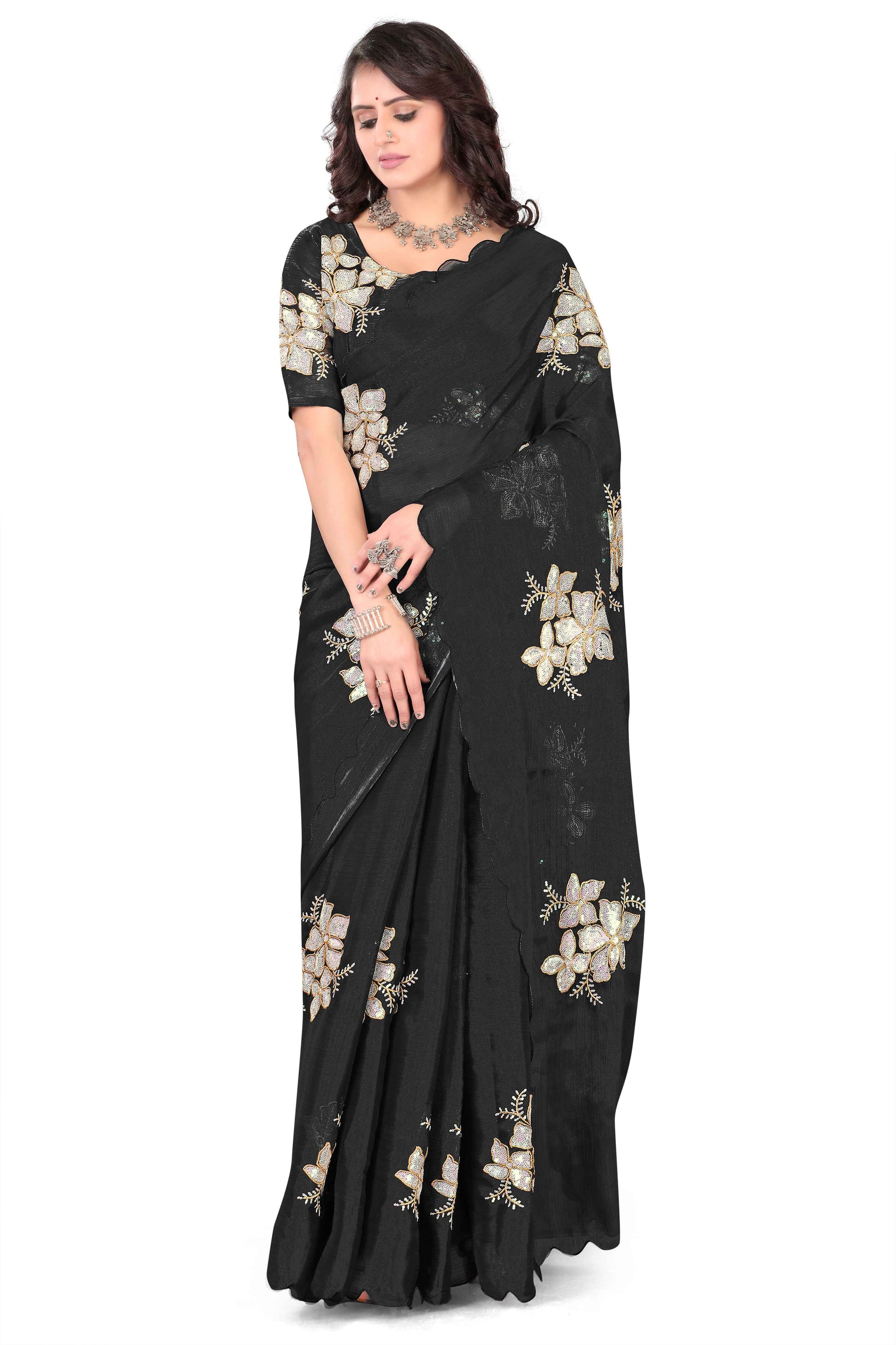 Georgette Saree with Floral Embroidery and Scalloped Border -  Balck