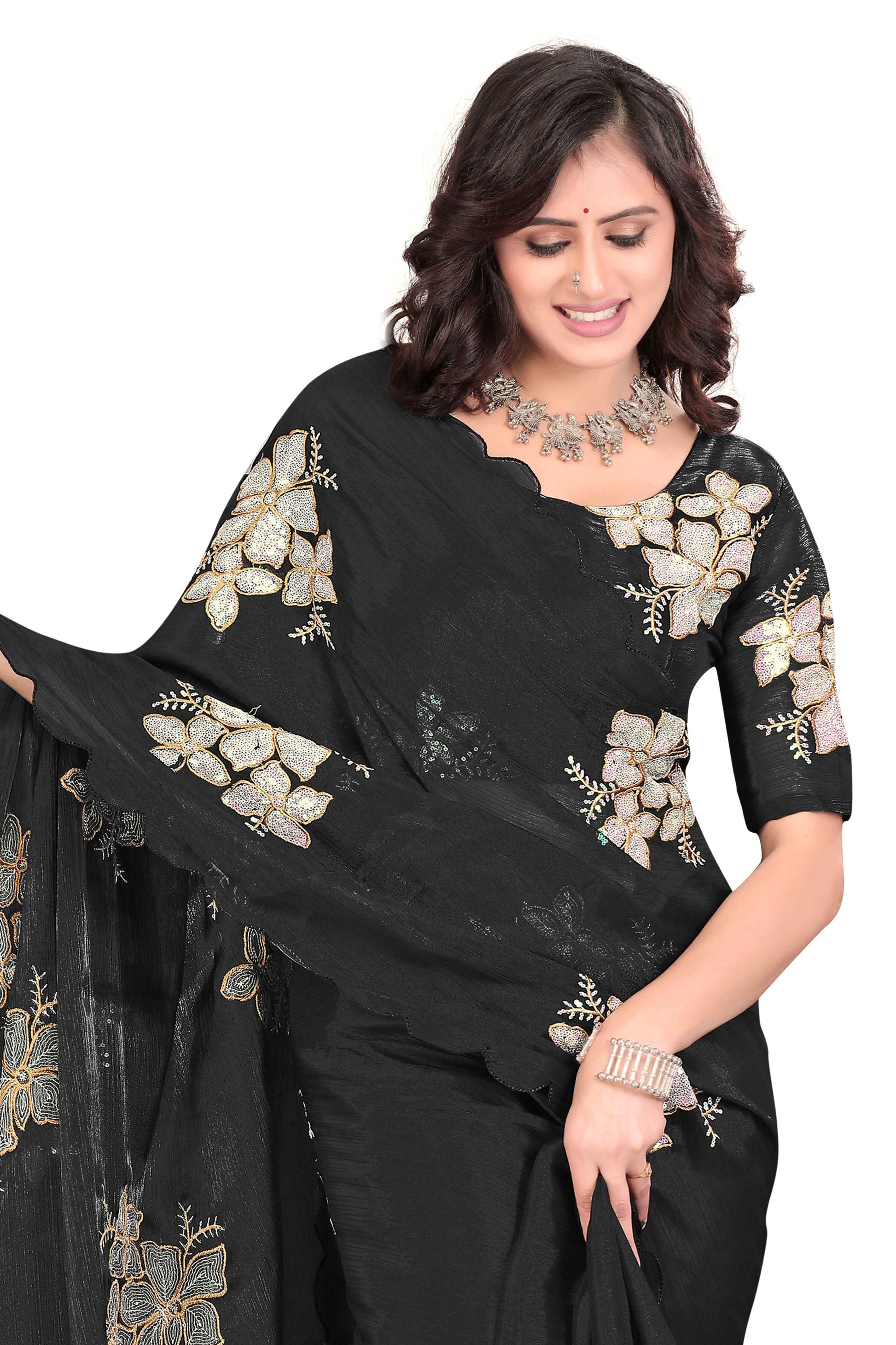 Georgette Saree with Floral Embroidery and Scalloped Border -  Balck