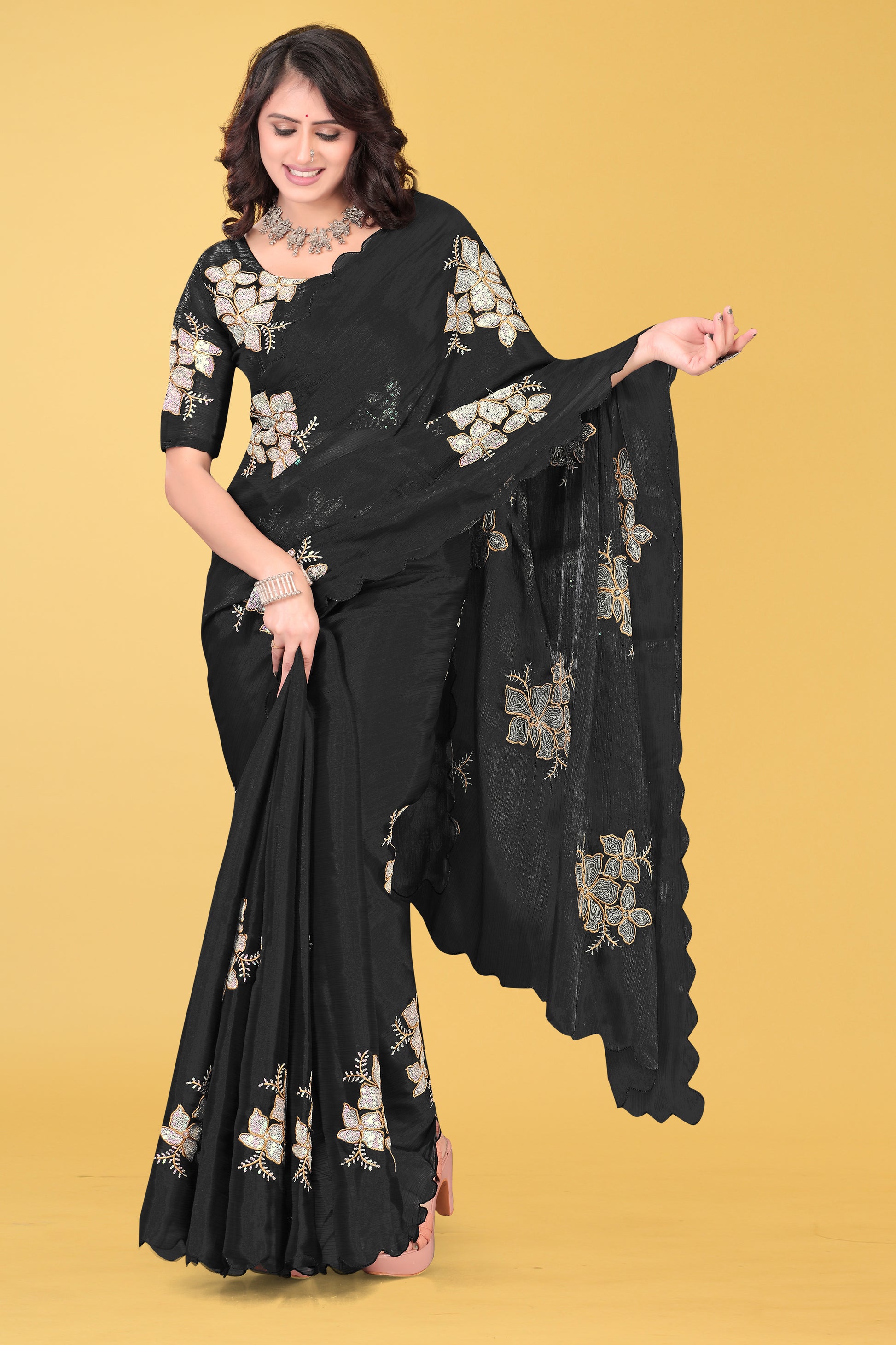 Elegant Flower Embroidered Saree with Unstitched Blouse – Avirat Designer Studio