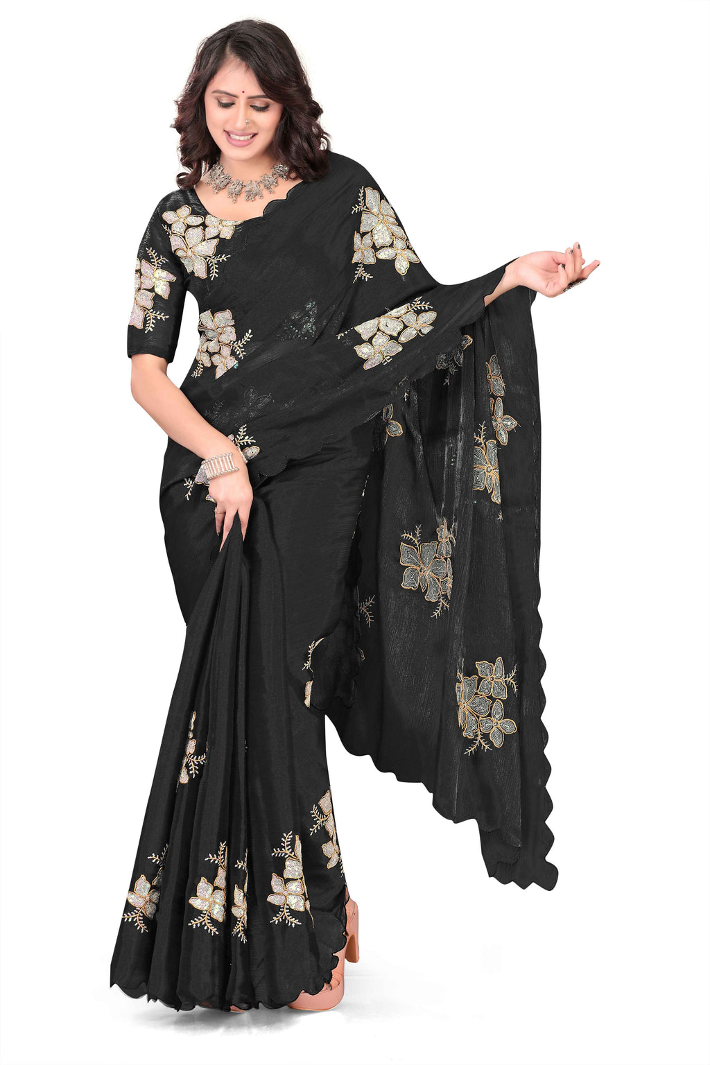 Georgette Saree with Floral Embroidery and Scalloped Border -  Balck