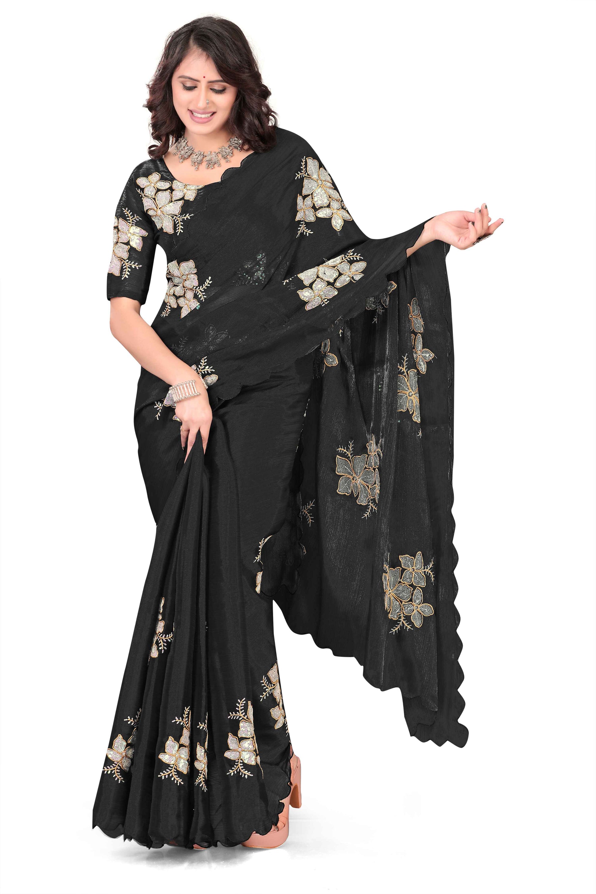 Georgette Saree with Floral Embroidery and Scalloped Border -  Balck