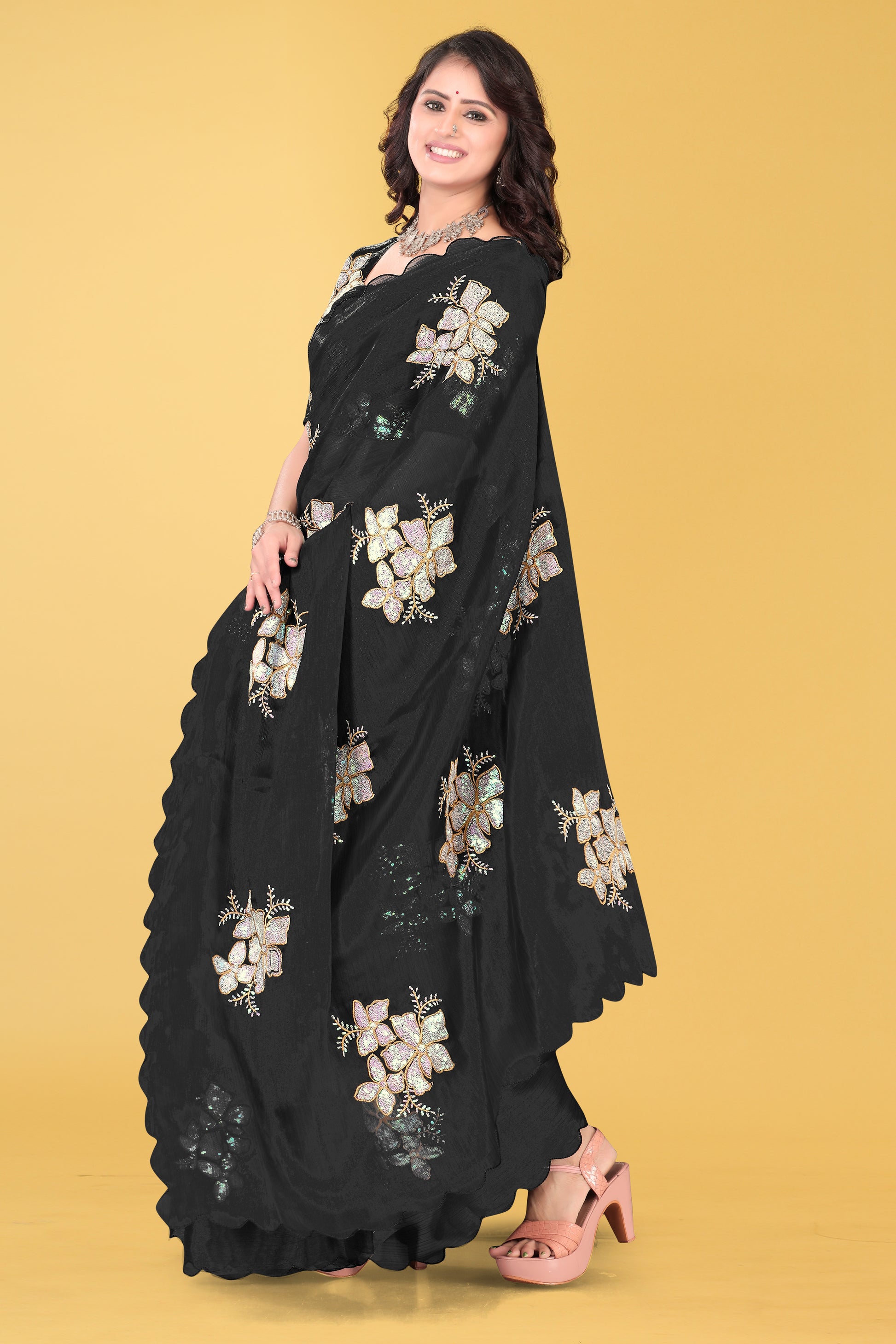 Elegant Flower Embroidered Saree with Unstitched Blouse – Avirat Designer Studio