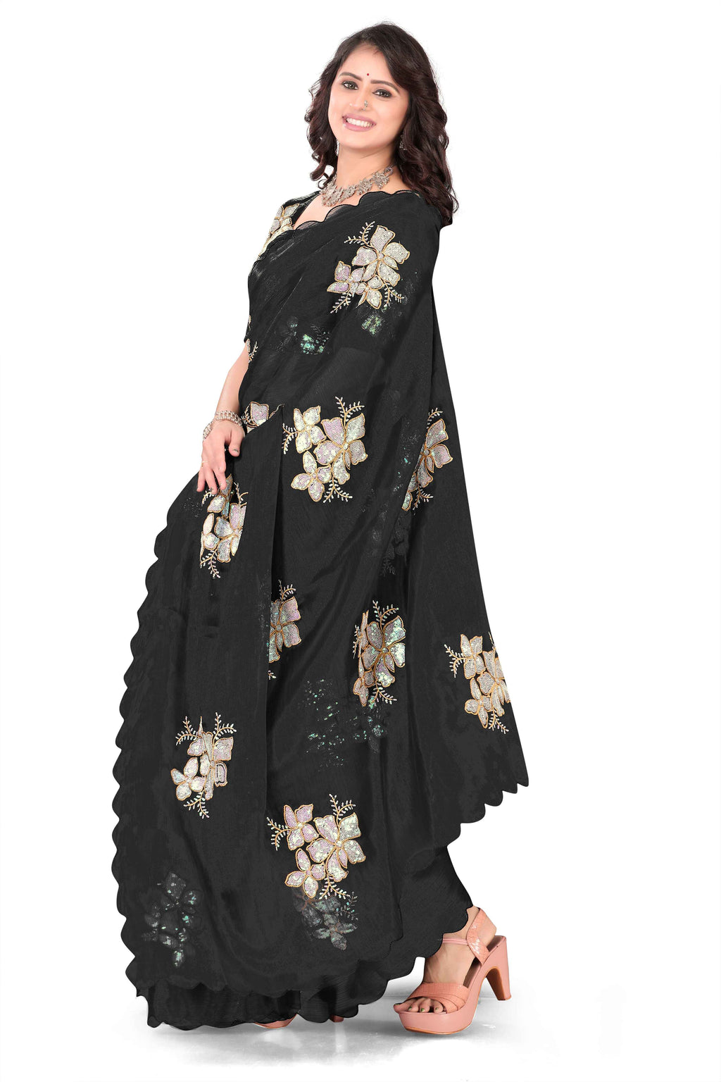 Georgette Saree with Floral Embroidery and Scalloped Border -  Balck
