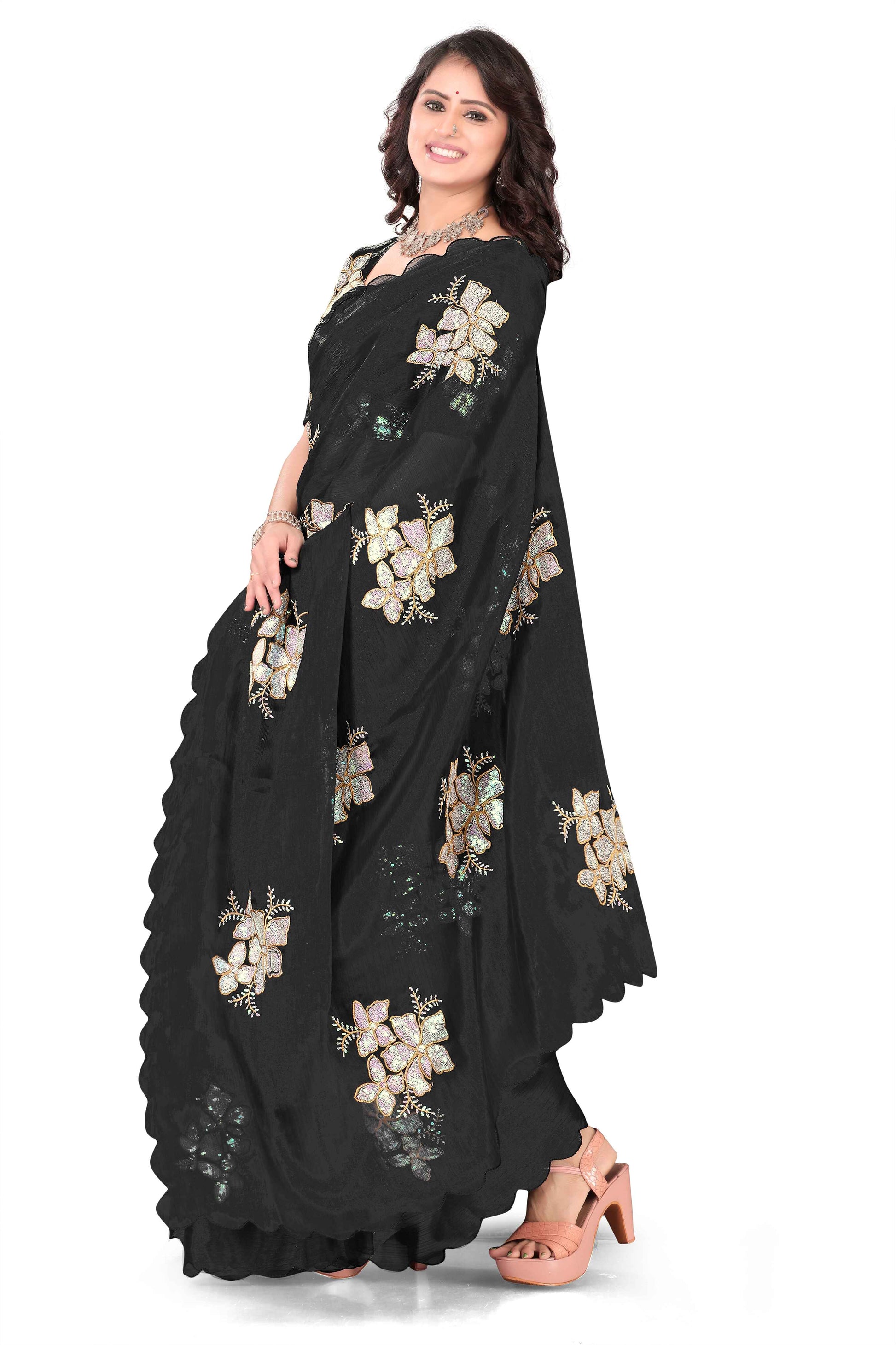 Georgette Saree with Floral Embroidery and Scalloped Border -  Balck