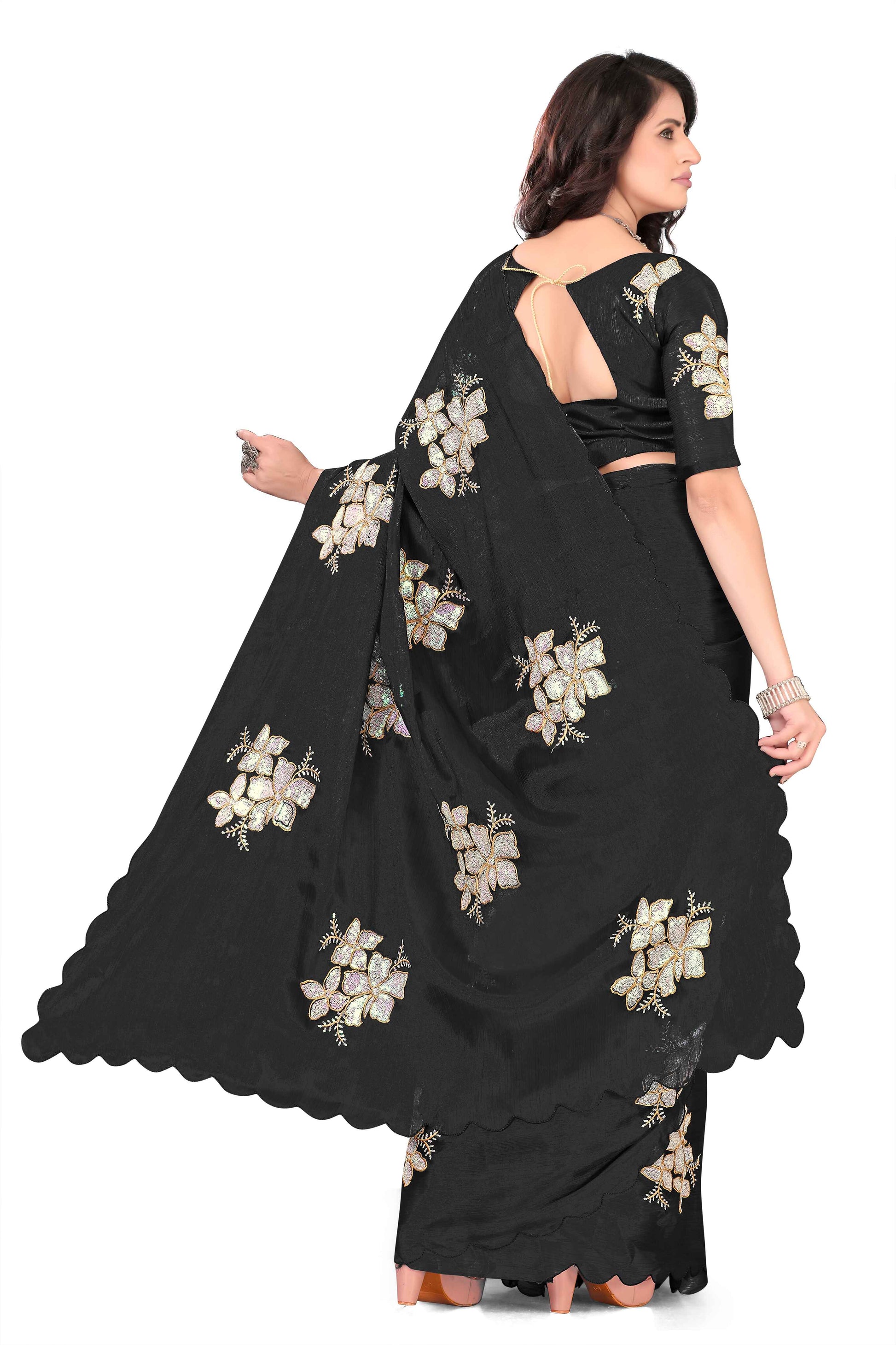 Georgette Saree with Floral Embroidery and Scalloped Border -  Balck