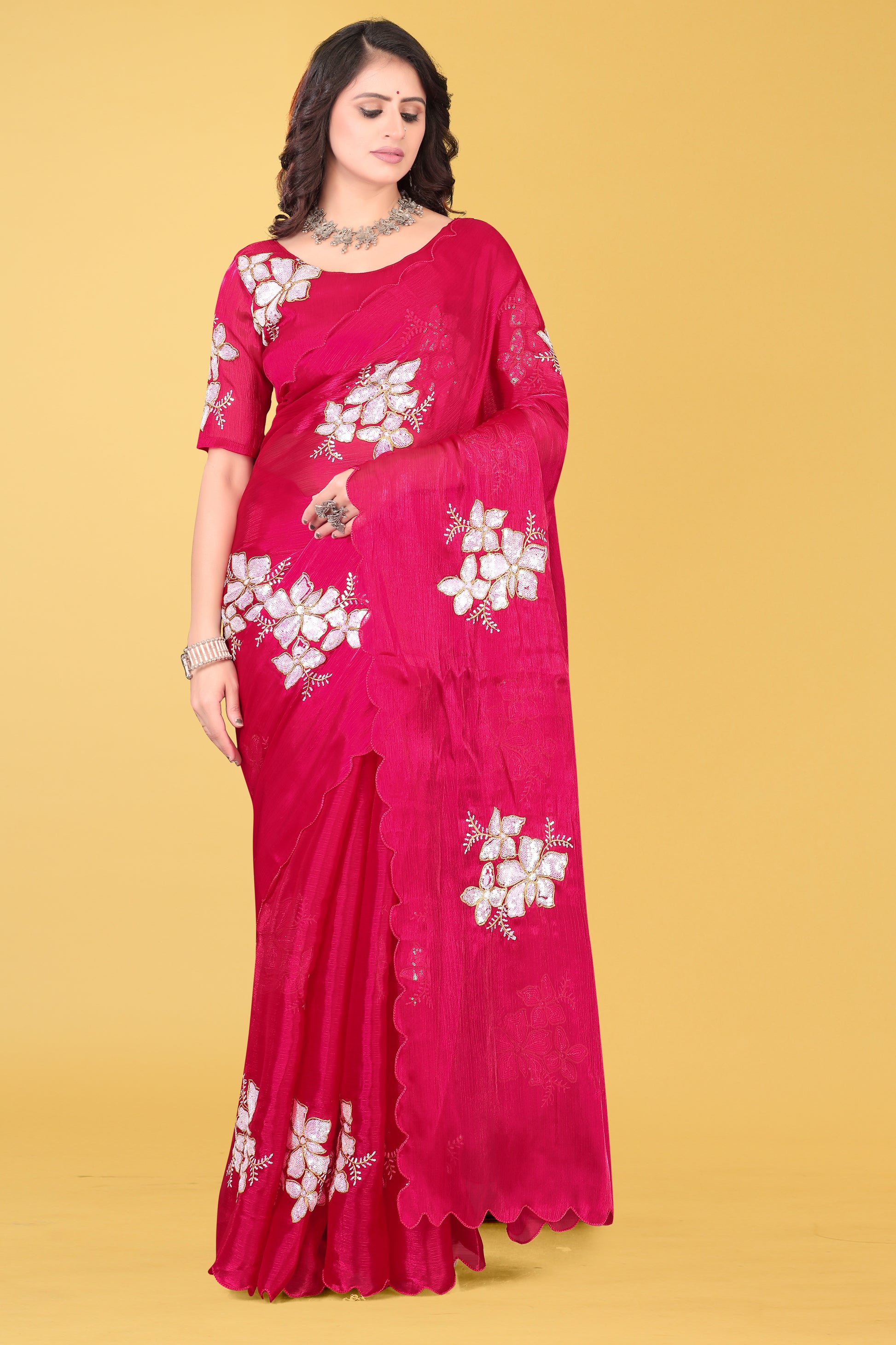 Elegant Flower Embroidered Saree with Unstitched Blouse – Avirat Designer Studio