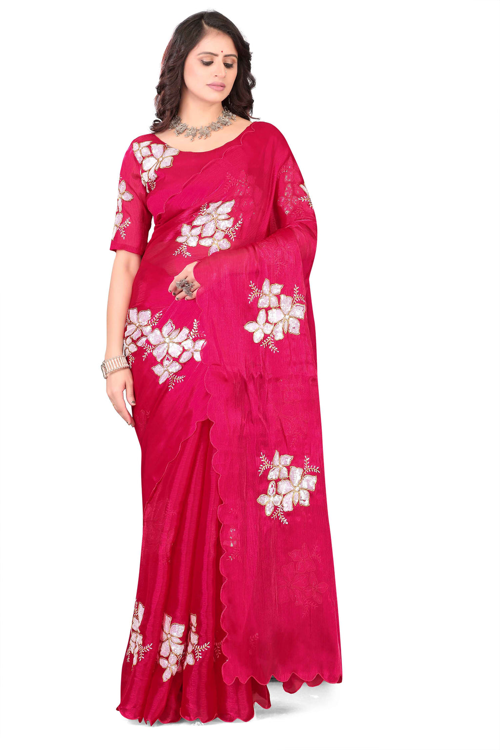 Georgette Saree with Floral Embroidery and Scalloped Border - Pink