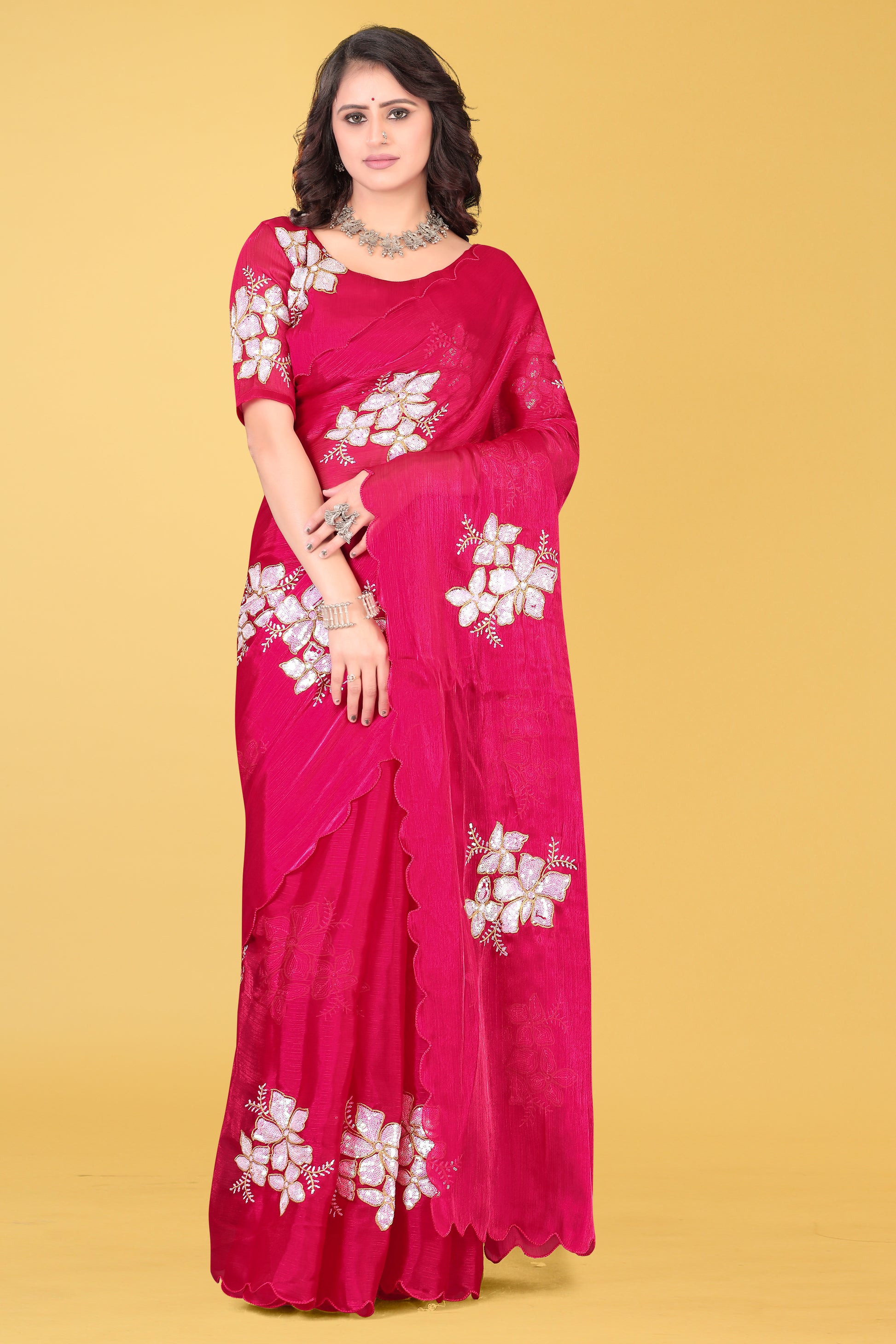 Elegant Flower Embroidered Saree with Unstitched Blouse – Avirat Designer Studio