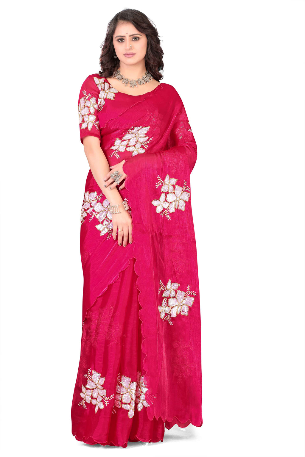 Georgette Saree with Floral Embroidery and Scalloped Border - Pink
