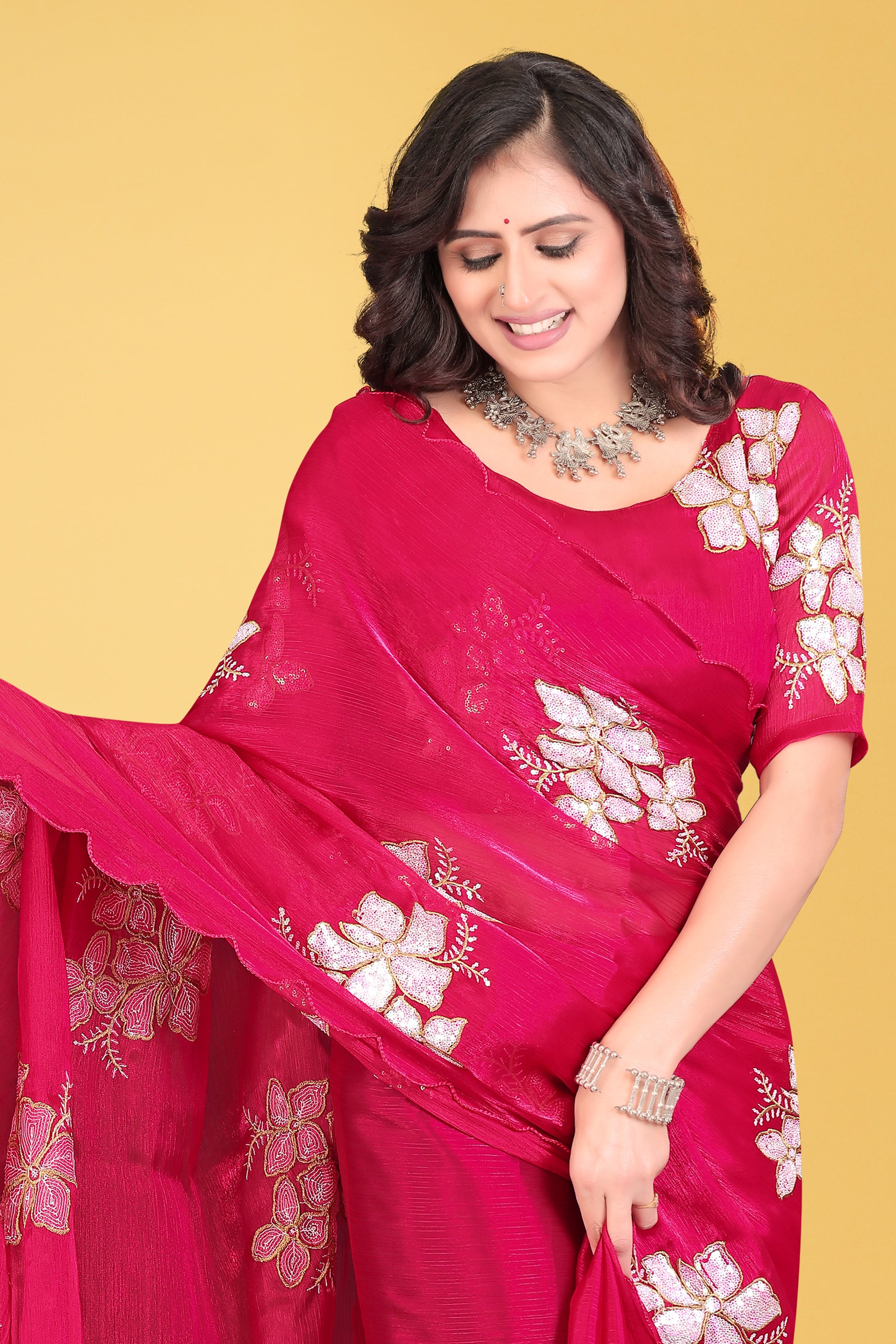 Elegant Flower Embroidered Saree with Unstitched Blouse – Avirat Designer Studio