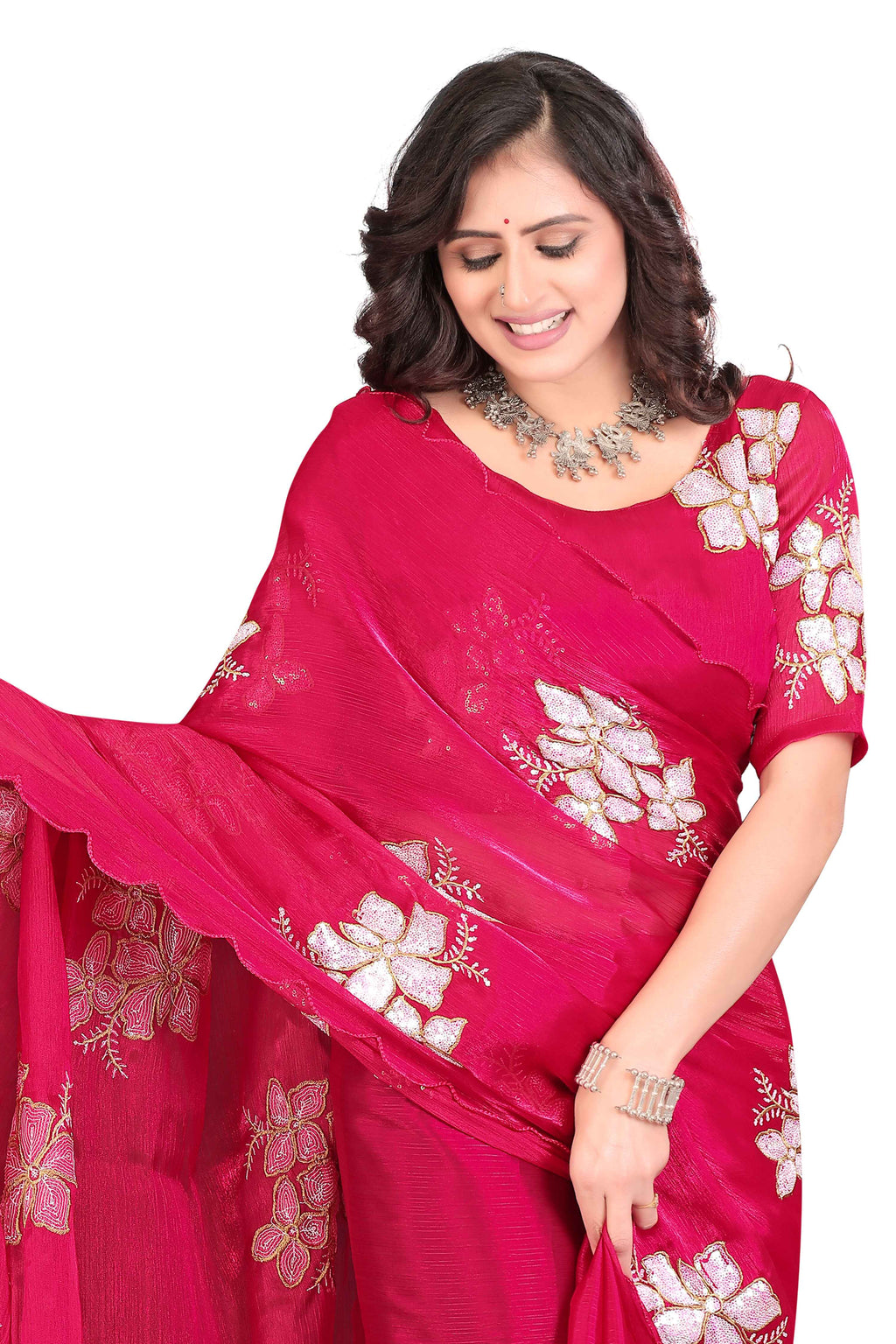 Georgette Saree with Floral Embroidery and Scalloped Border - Pink