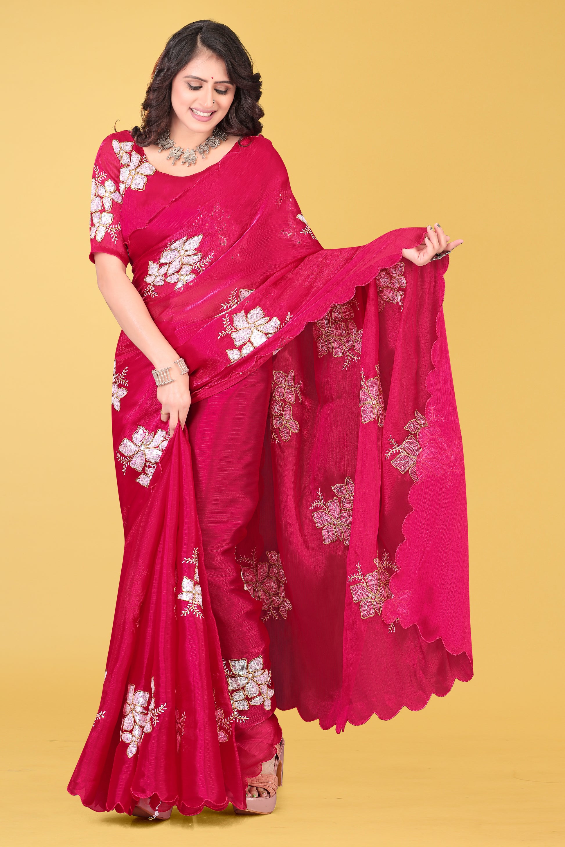 Elegant Flower Embroidered Saree with Unstitched Blouse – Avirat Designer Studio