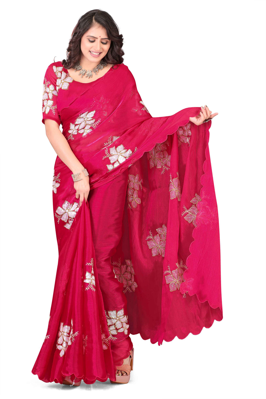Georgette Saree with Floral Embroidery and Scalloped Border - Pink