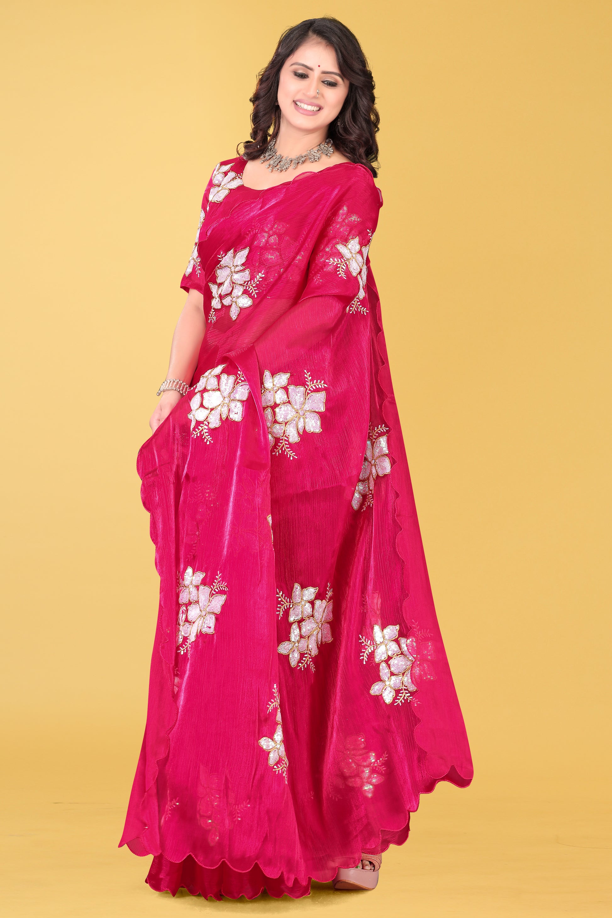 Elegant Flower Embroidered Saree with Unstitched Blouse – Avirat Designer Studio