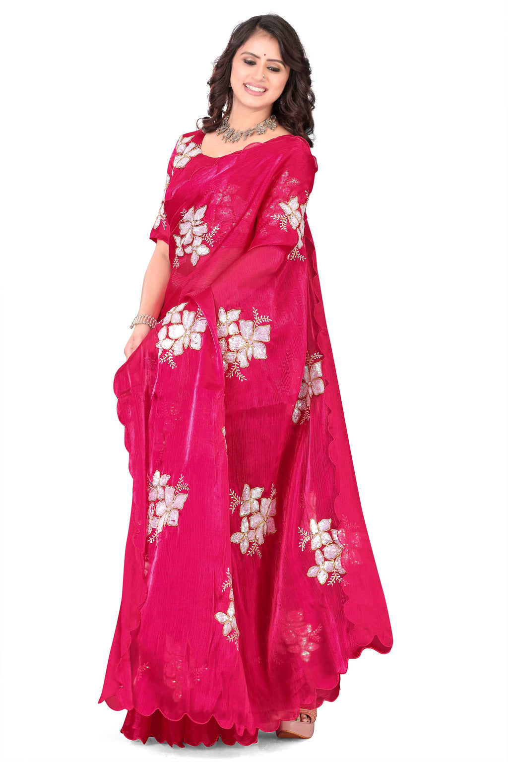 Georgette Saree with Floral Embroidery and Scalloped Border - Pink