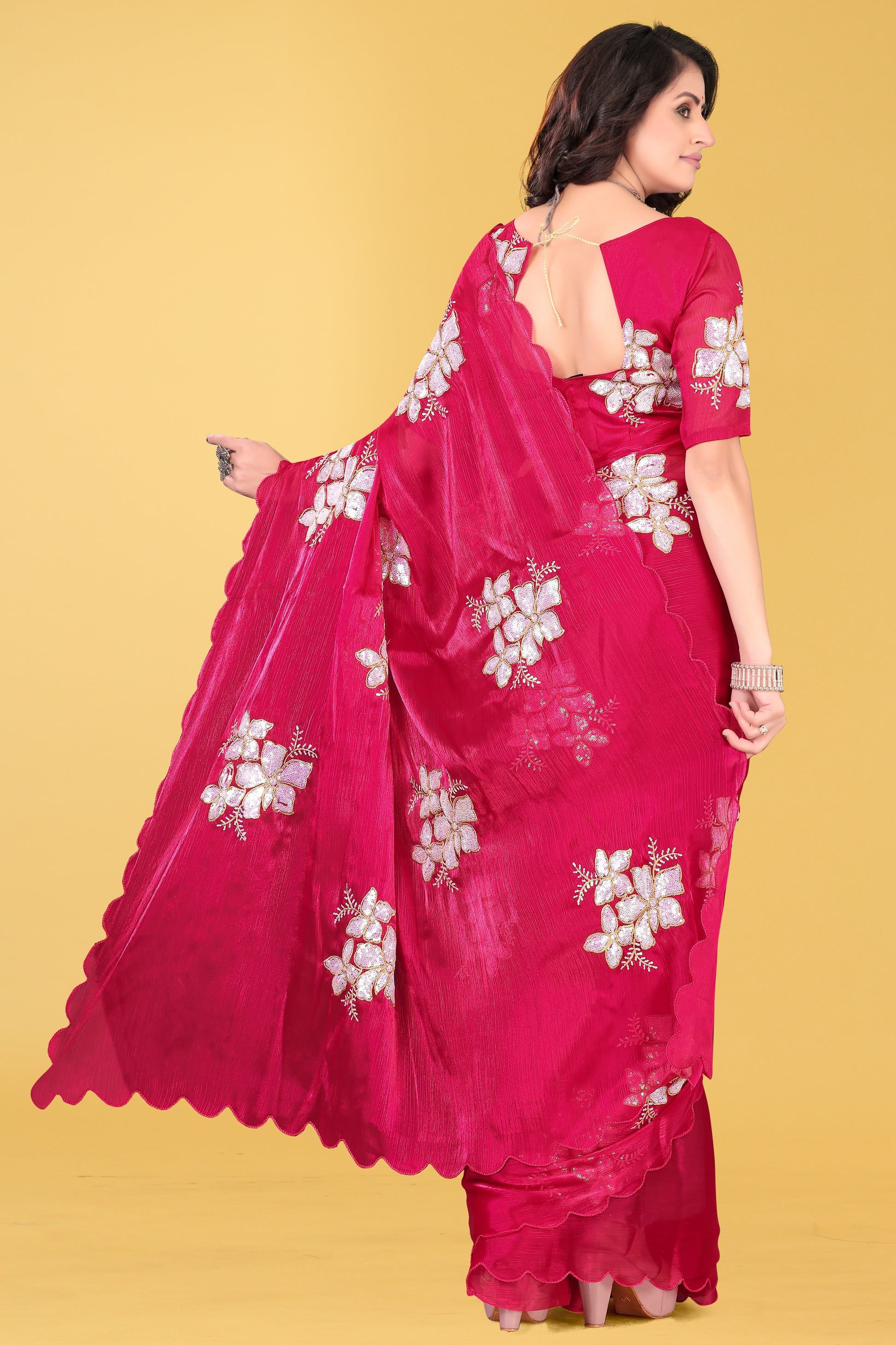 Elegant Flower Embroidered Saree with Unstitched Blouse – Avirat Designer Studio
