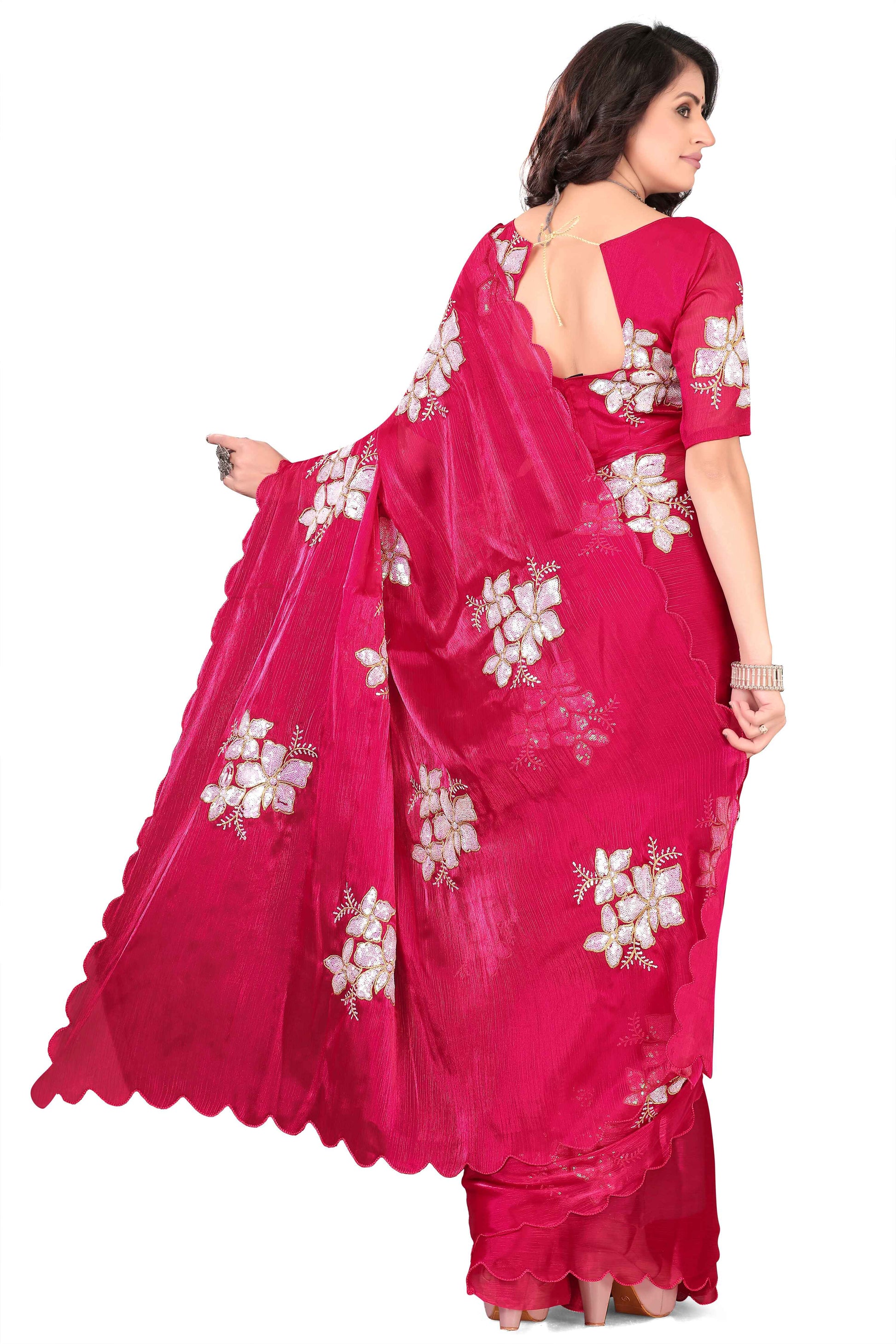 Georgette Saree with Floral Embroidery and Scalloped Border - Pink