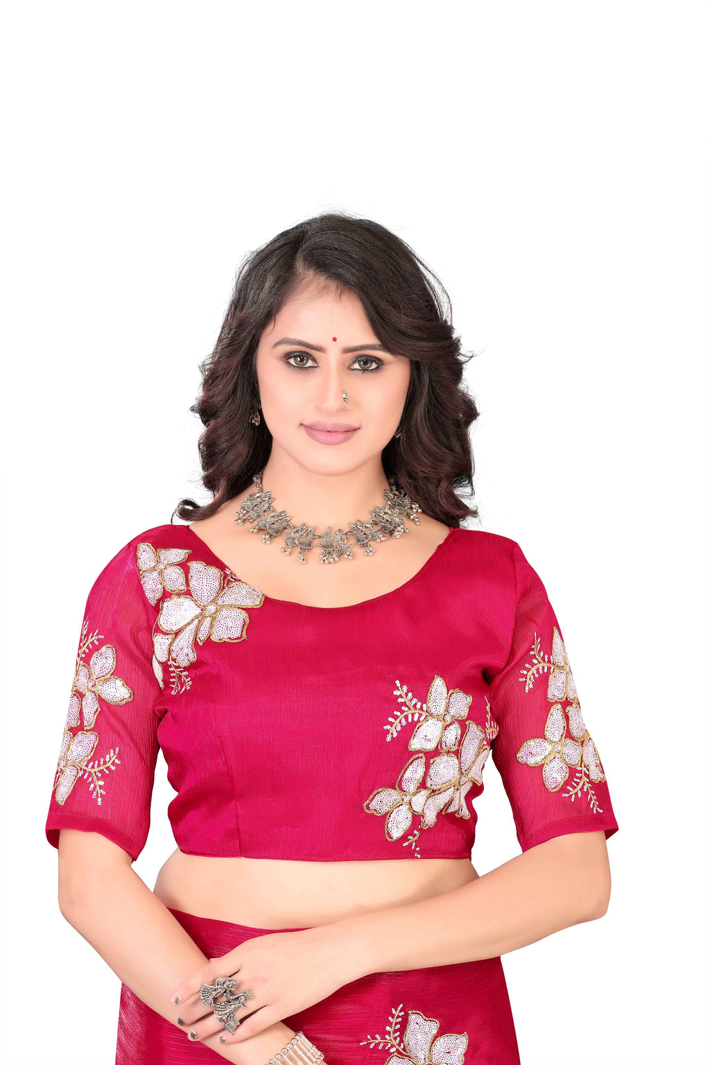 Georgette Saree with Floral Embroidery and Scalloped Border - Pink