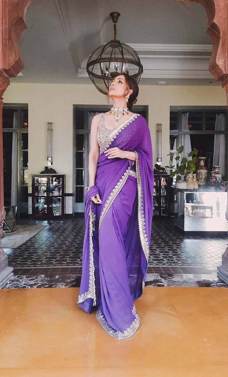 GraceVogue Purple Embroidered Saree with Designer Blouse