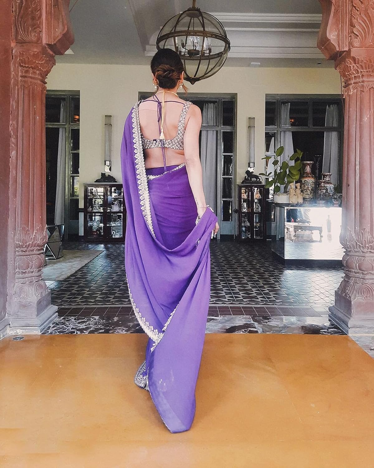 GraceVogue Purple Embroidered Saree with Designer Blouse