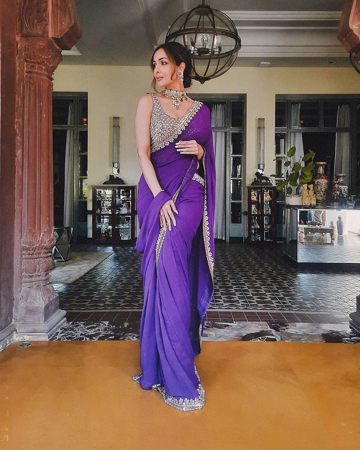 GraceVogue Purple Embroidered Saree with Designer Blouse