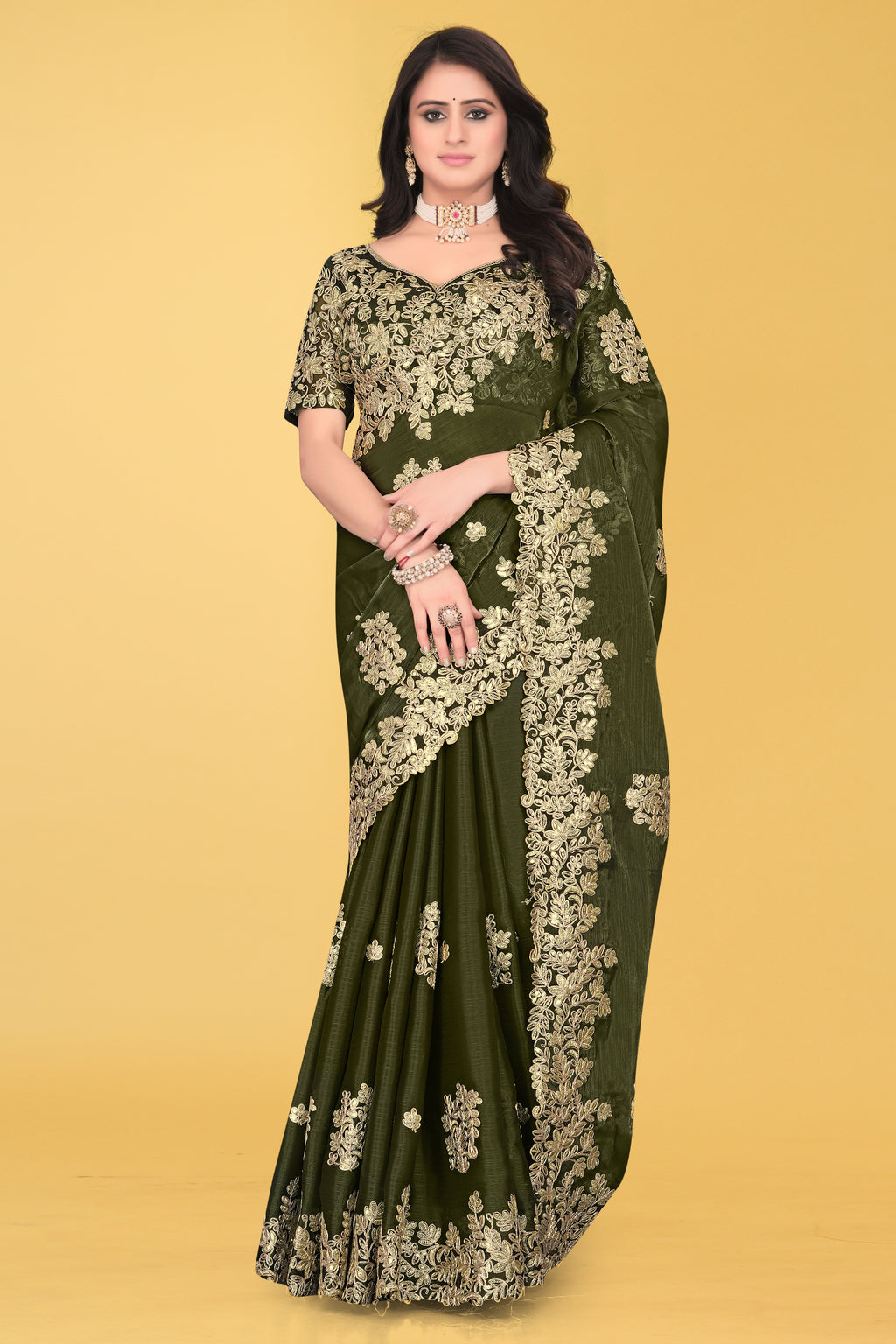 Floral Embroidered Saree with Intricate Leaf Motifs – Avirat Designer Studio