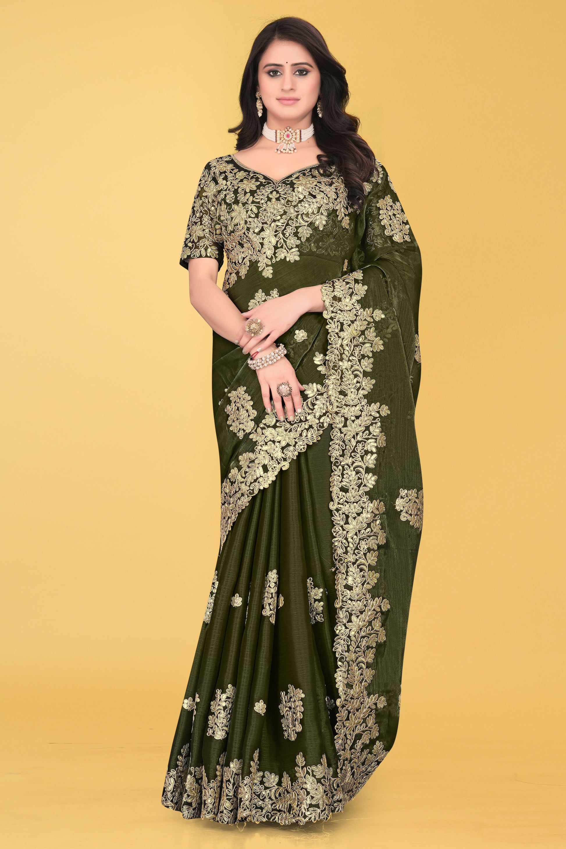 Floral Embroidered Saree with Intricate Leaf Motifs – Avirat Designer Studio