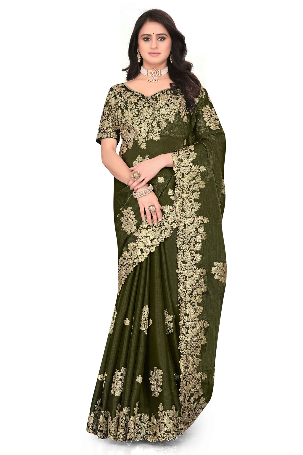 Shimmer Georgette Embroidered Saree with Designer Border - Olive Green