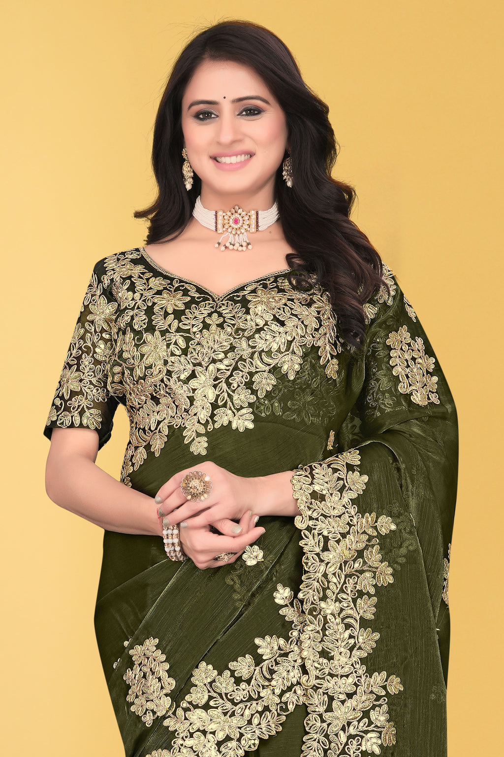 Floral Embroidered Saree with Intricate Leaf Motifs – Avirat Designer Studio