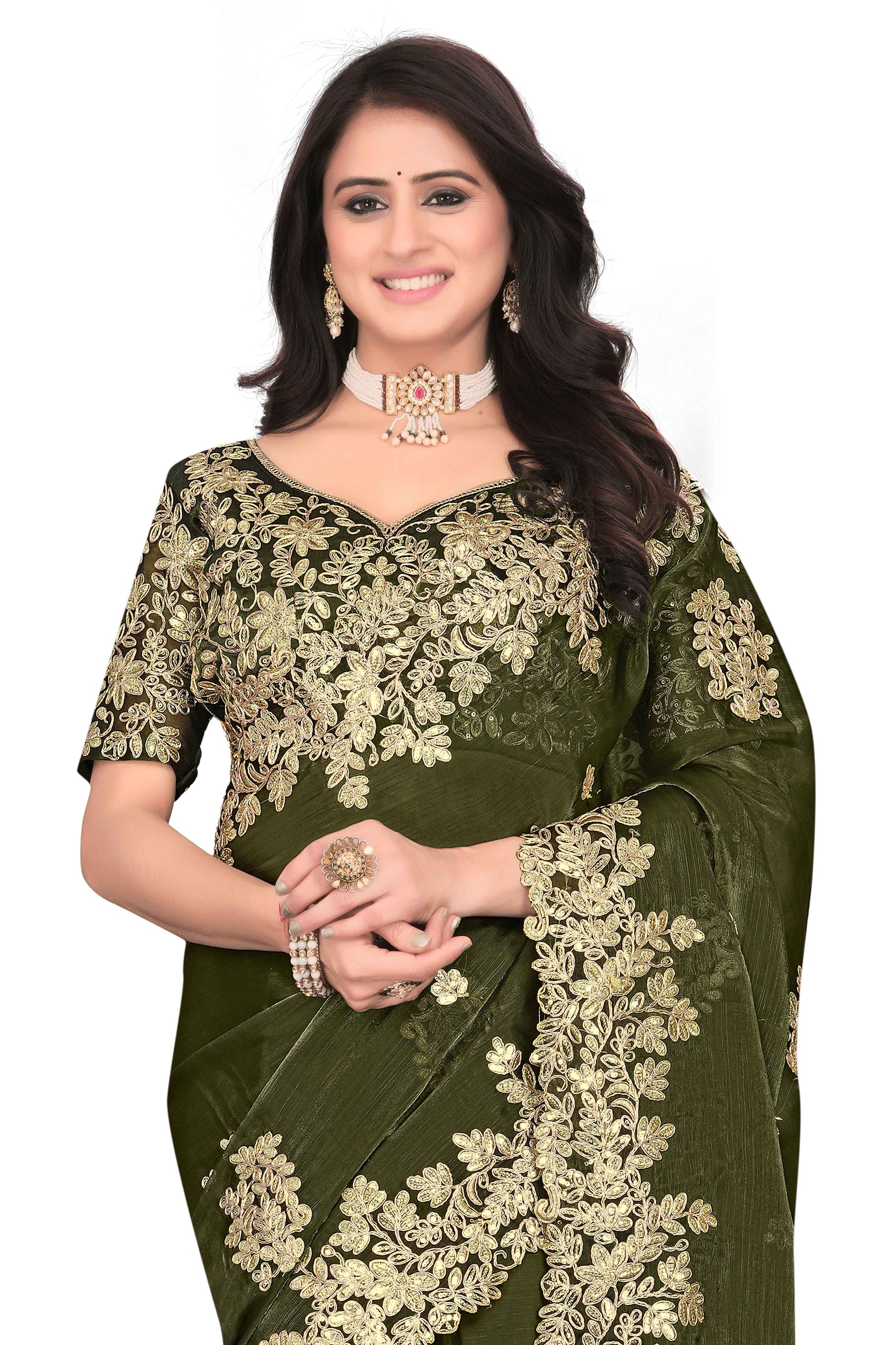 Shimmer Georgette Embroidered Saree with Designer Border - Olive Green