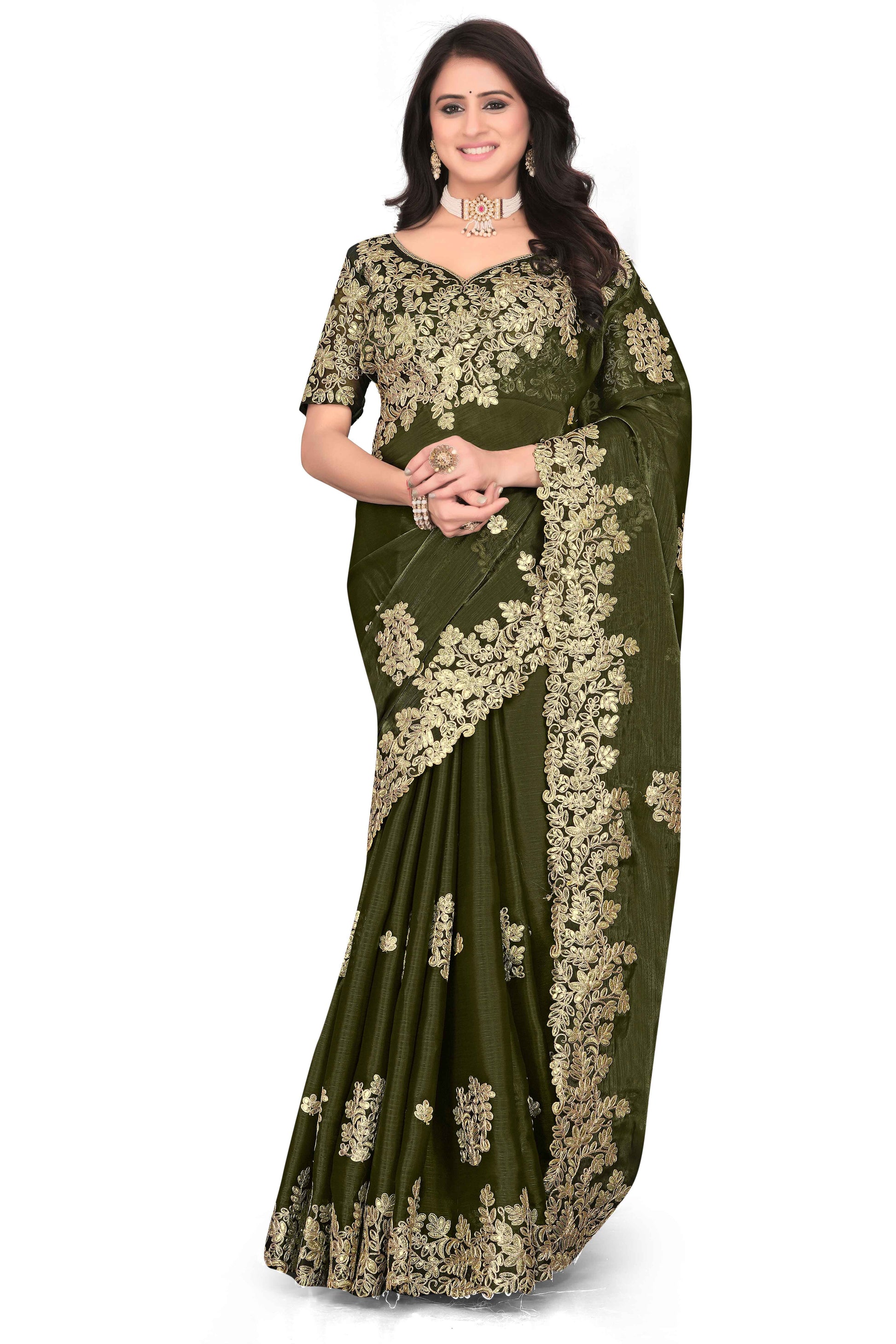 Shimmer Georgette Embroidered Saree with Designer Border - Olive Green