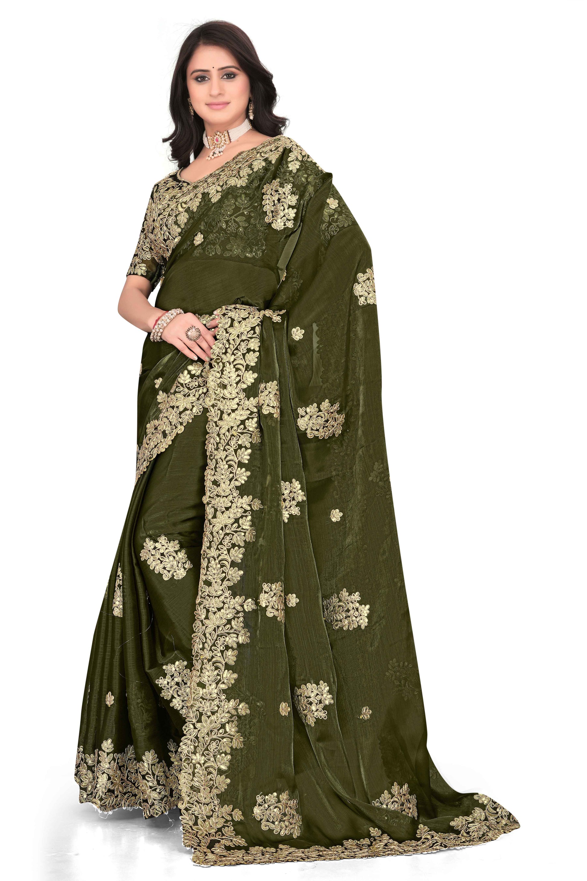 Shimmer Georgette Embroidered Saree with Designer Border - Olive Green