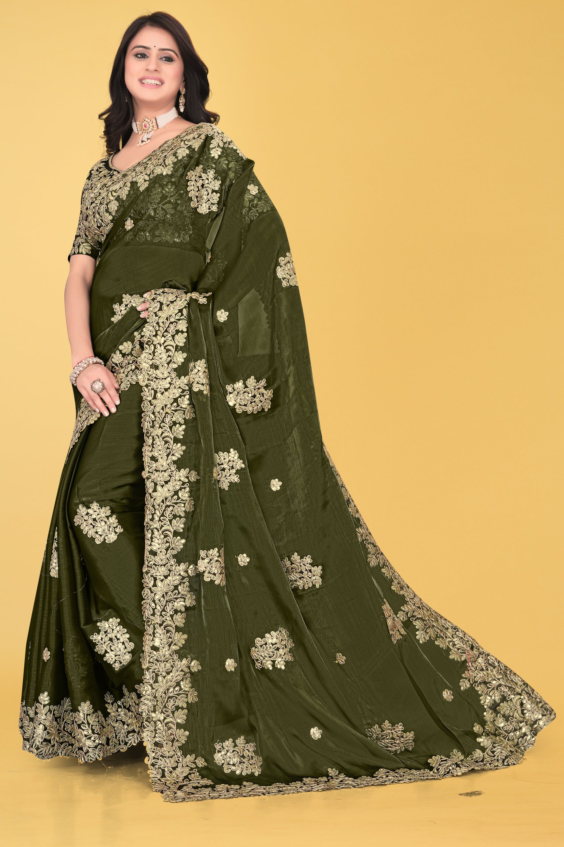 Floral Embroidered Saree with Intricate Leaf Motifs – Avirat Designer Studio